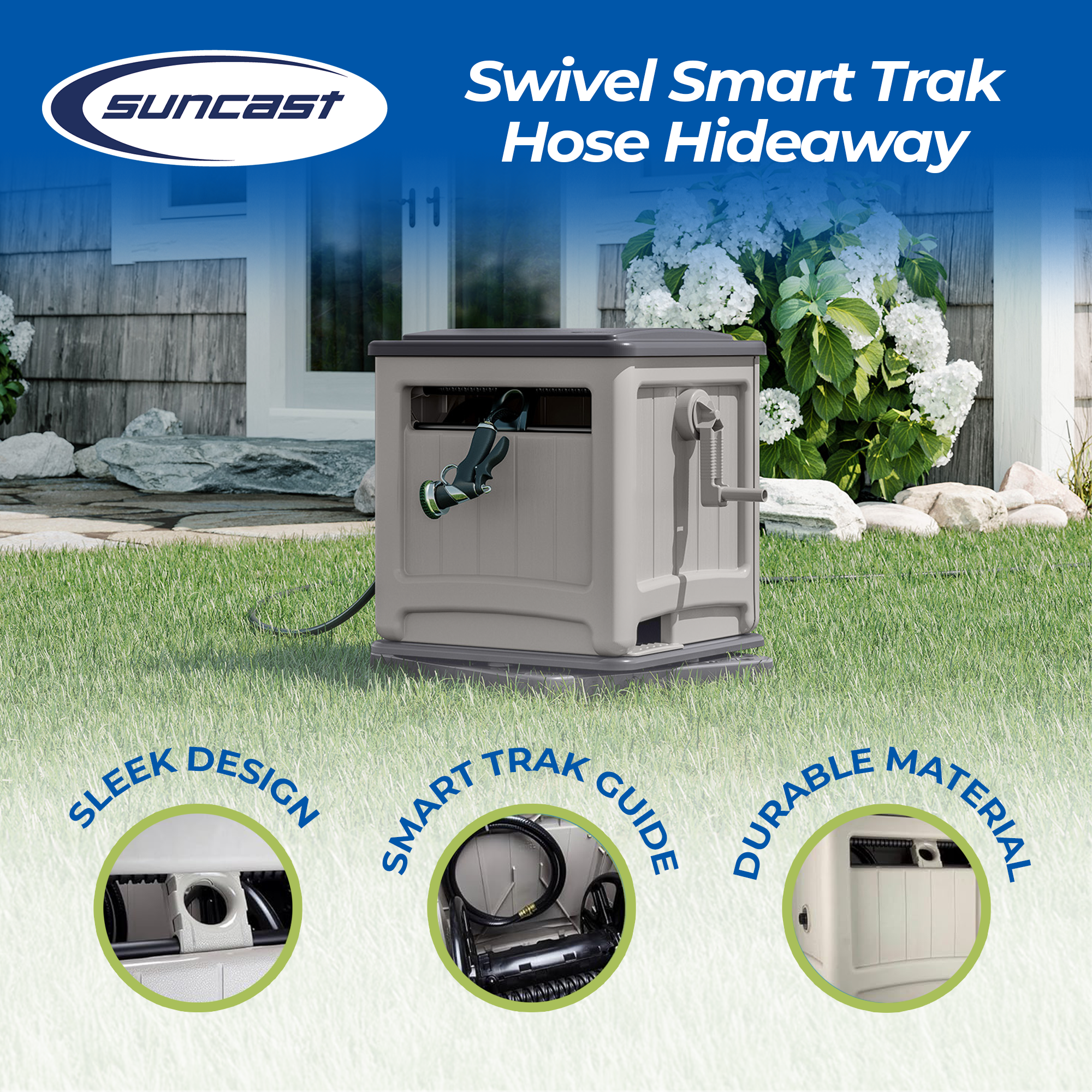 Suncast Swivel Smart Trak Hose Hideaway for 225 ft x 5/8 in Garden Hose, Dove - VMInnovations
