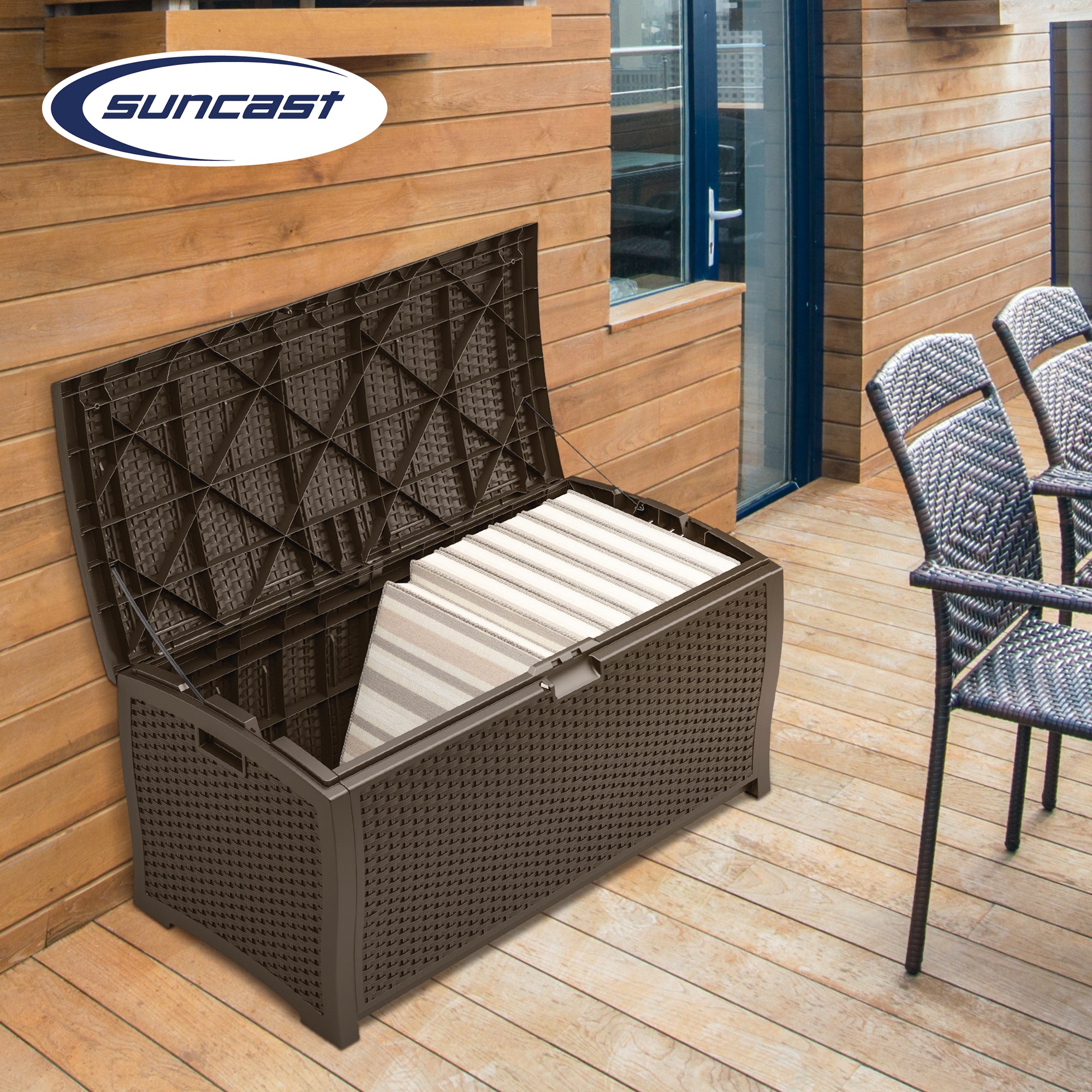 Suncast 99 Gallon Deck Garden Garage Home Wicker Resin Pool Box, Mocha (3 Pack)