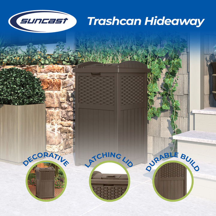 Suncast Trashcan Hideaway Outdoor 33 Gallon Garbage Waste Bin, Brown (2 Pack) - VMInnovations