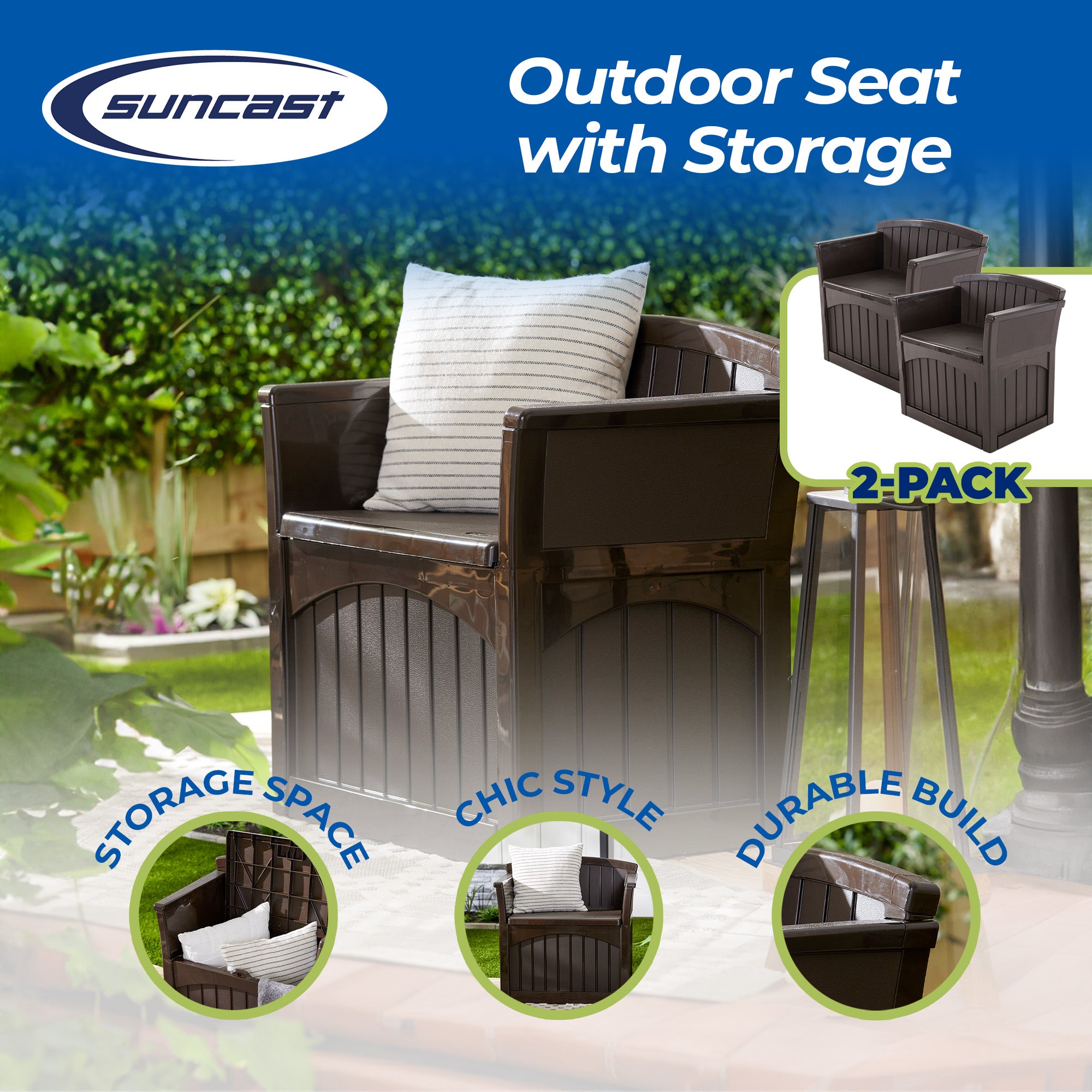 Suncast 31 Gallon Patio Seat Outdoor Storage and Bench Chair, Java (2 Pack) - VMInnovations