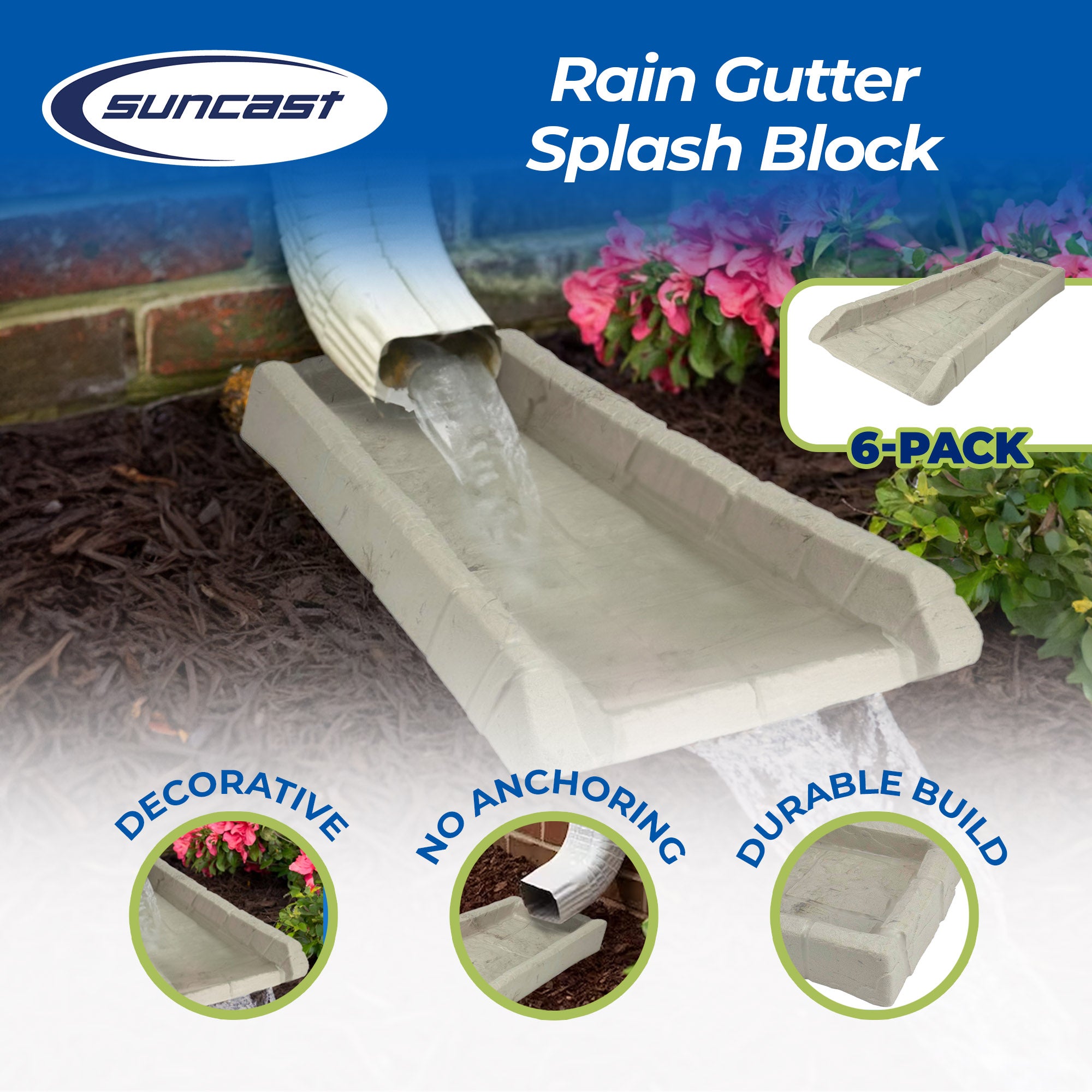 Suncast Decorative Rain Gutter Downspout Splash Block, Light Taupe (6 Pack) - VMInnovations
