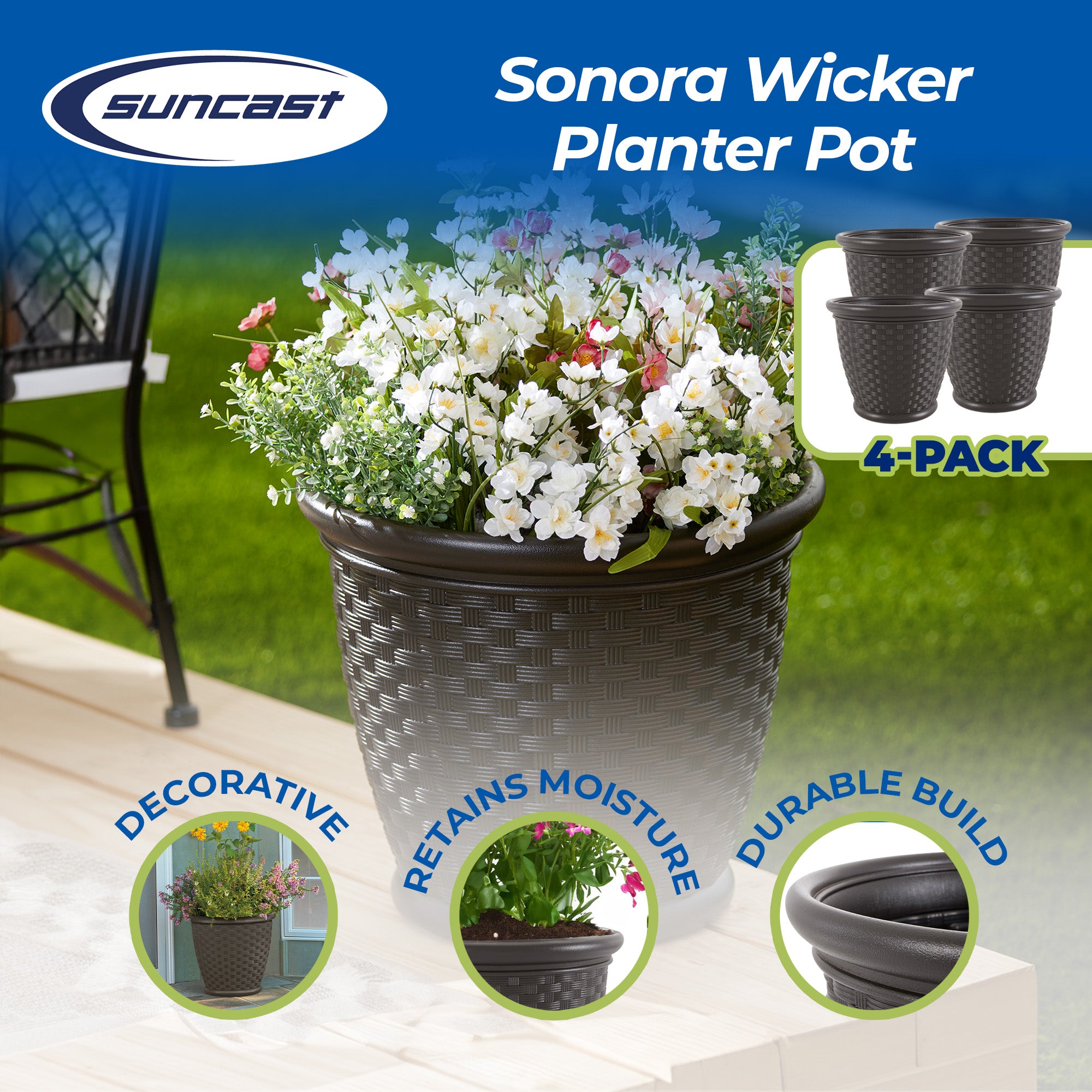 Suncast Sonora 18 Inch Resin Wicker Decorative Flower Planter, Brown (4 Pack) - VMInnovations