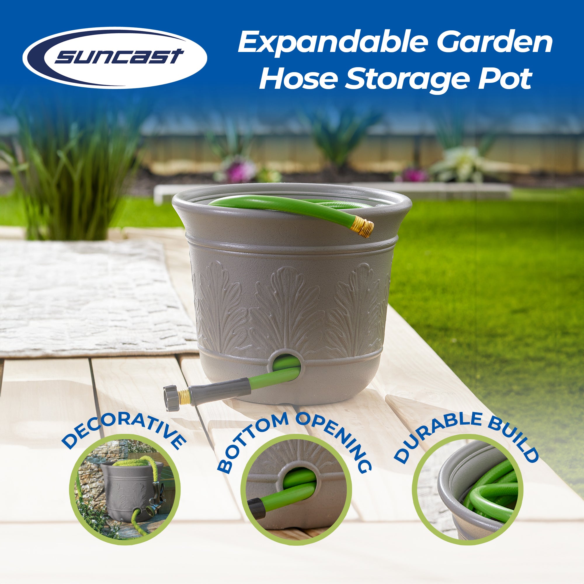 Suncast 5 Gallon Hose Holder Pot for Up to 300' Expandable/50' Vinyl Hose, Gray