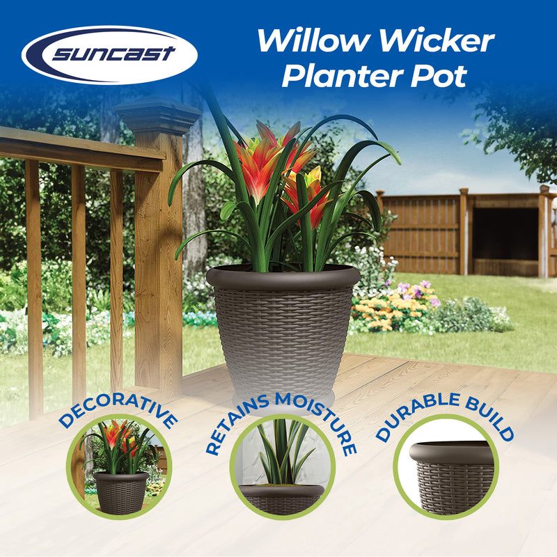 Suncast Willow 18 Inch Diameter Resin Decorative Wicker Patio Planter Pot, Java