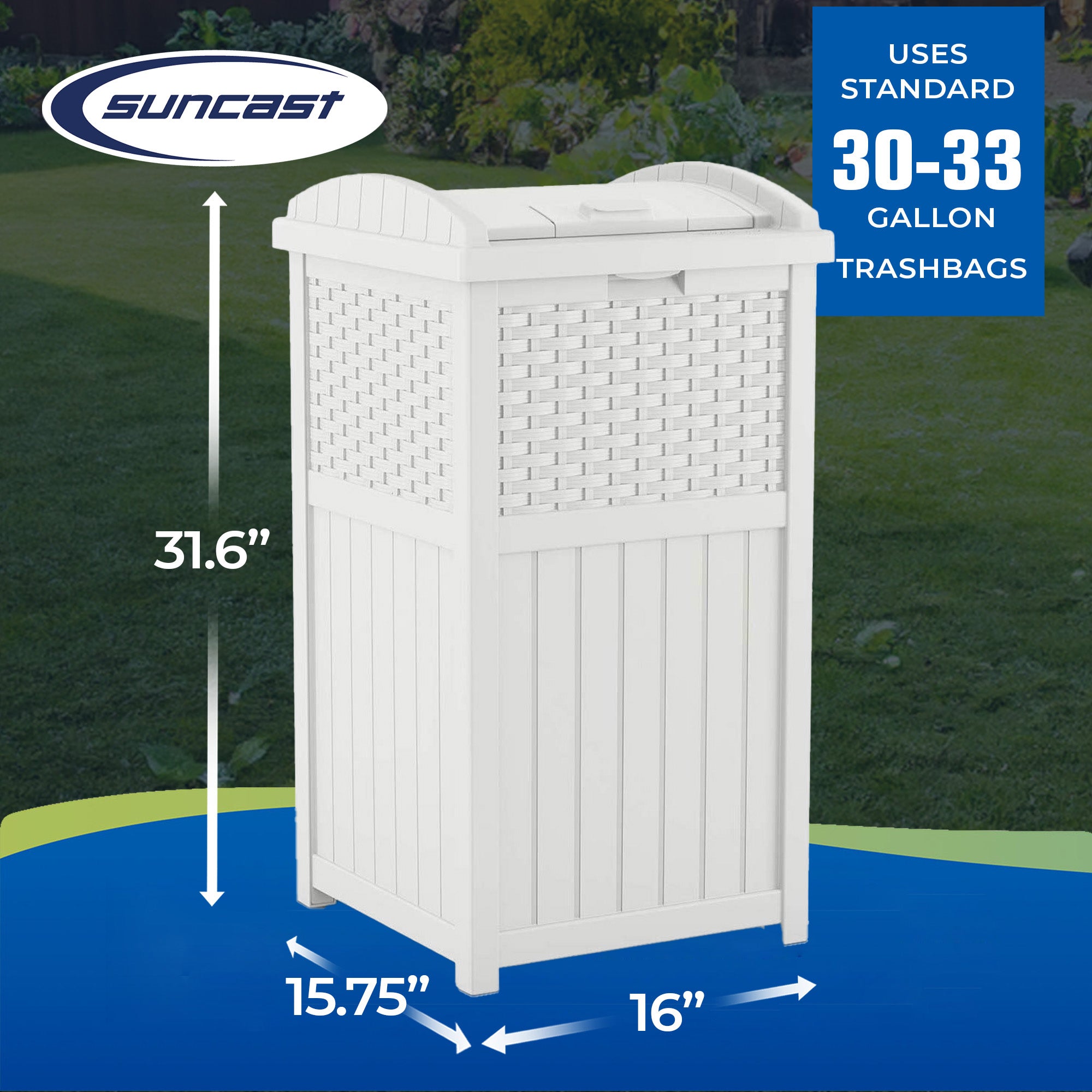 Suncast GHW1732WH Trashcan Hideaway Outdoor 33 Gallon Garbage Waste Bin, White - VMInnovations