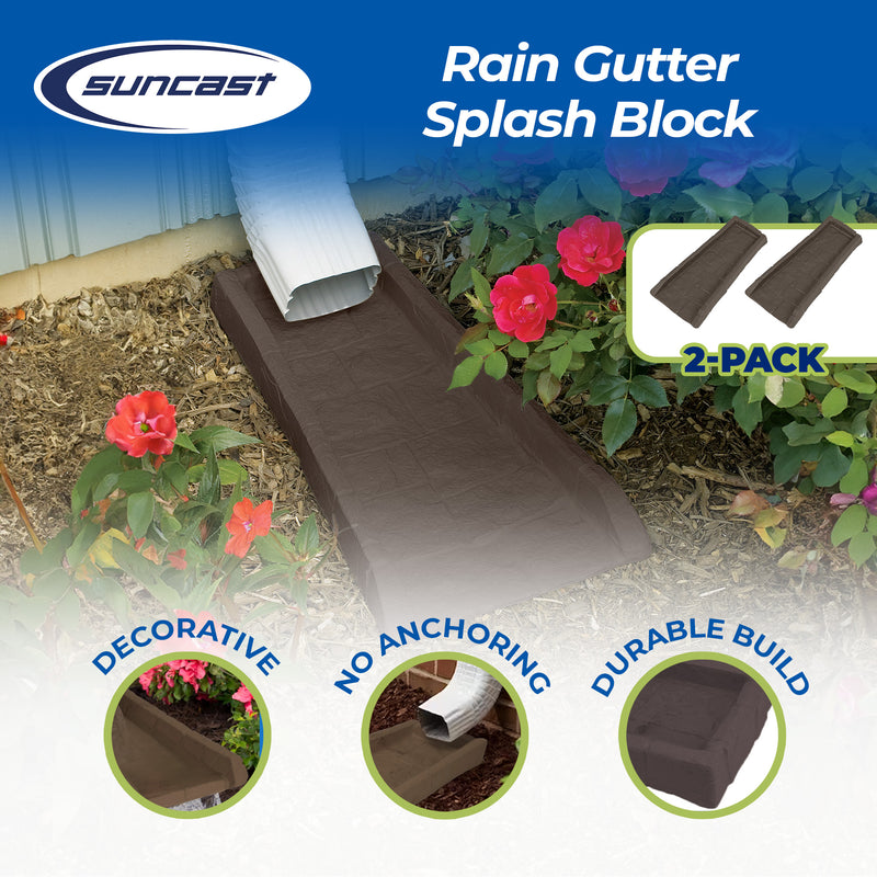 Suncast Outdoor Decorative Rain Gutter Downspout Splash Block, Java (2 Pack)