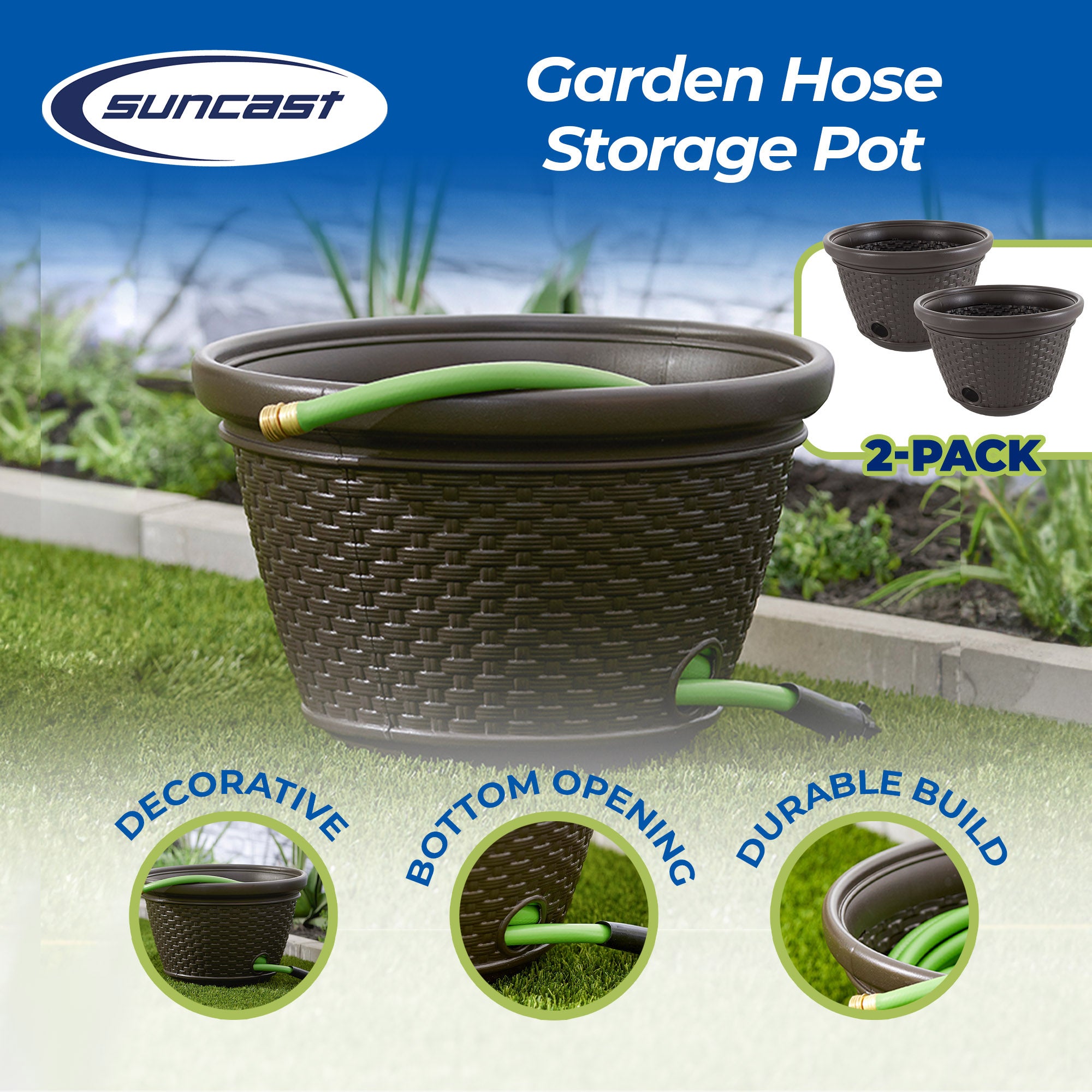 Suncast 100 Foot Resin Wicker Garden Water Hose Storage Holder Pot (2 Pack) - VMInnovations