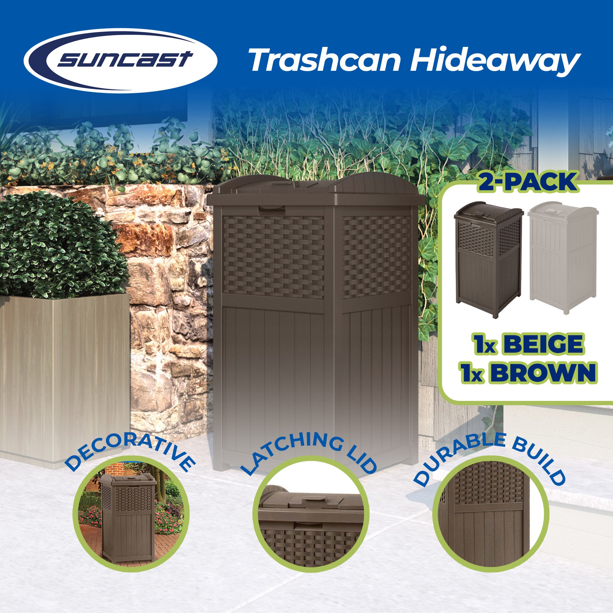 Suncast Trash Hideaway 33 Gallon Garbage Container, 1 Beige & 1 Brown (2 Pack) - VMInnovations