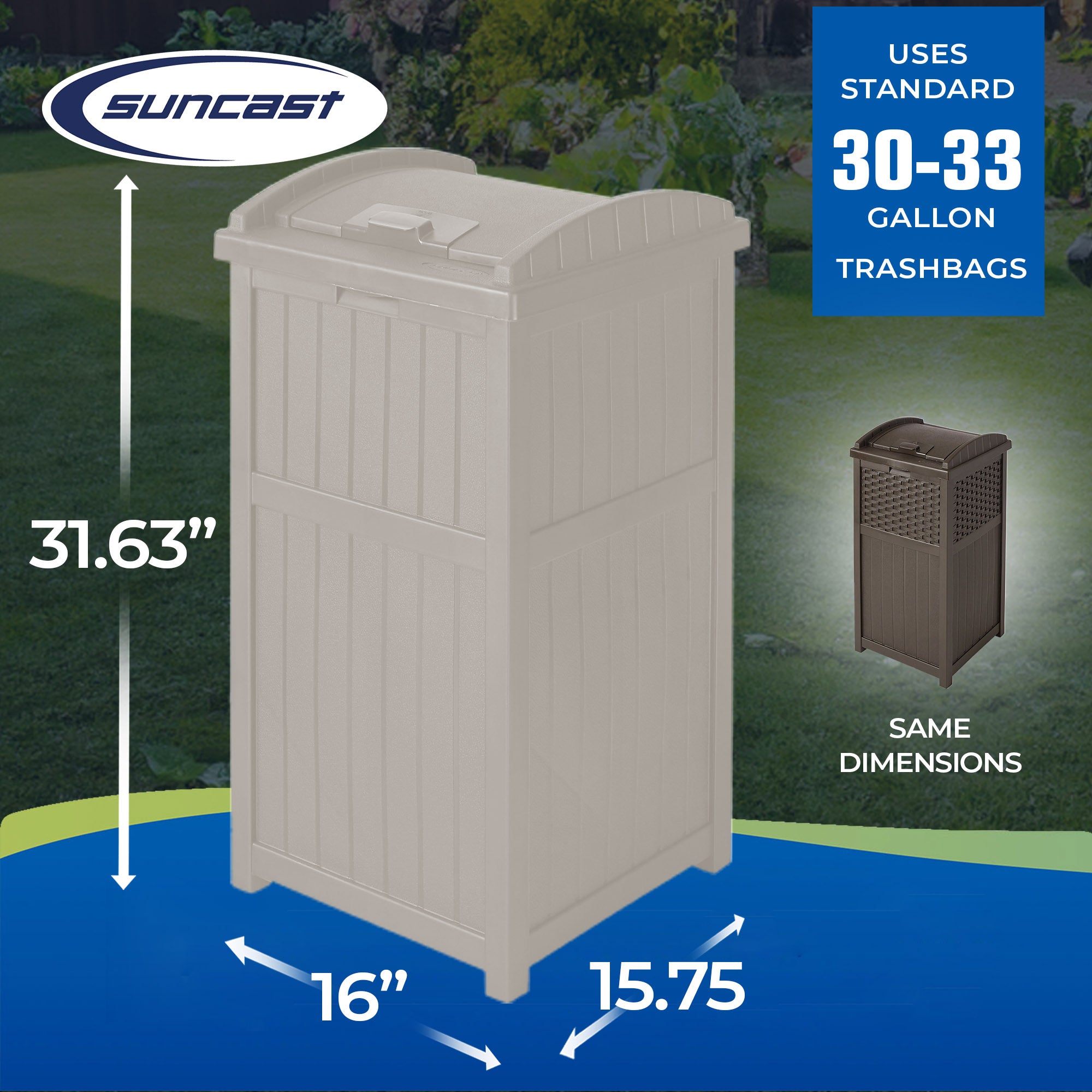 Suncast Trash Hideaway 33 Gallon Garbage Container, 1 Beige & 1 Brown (2 Pack) - VMInnovations