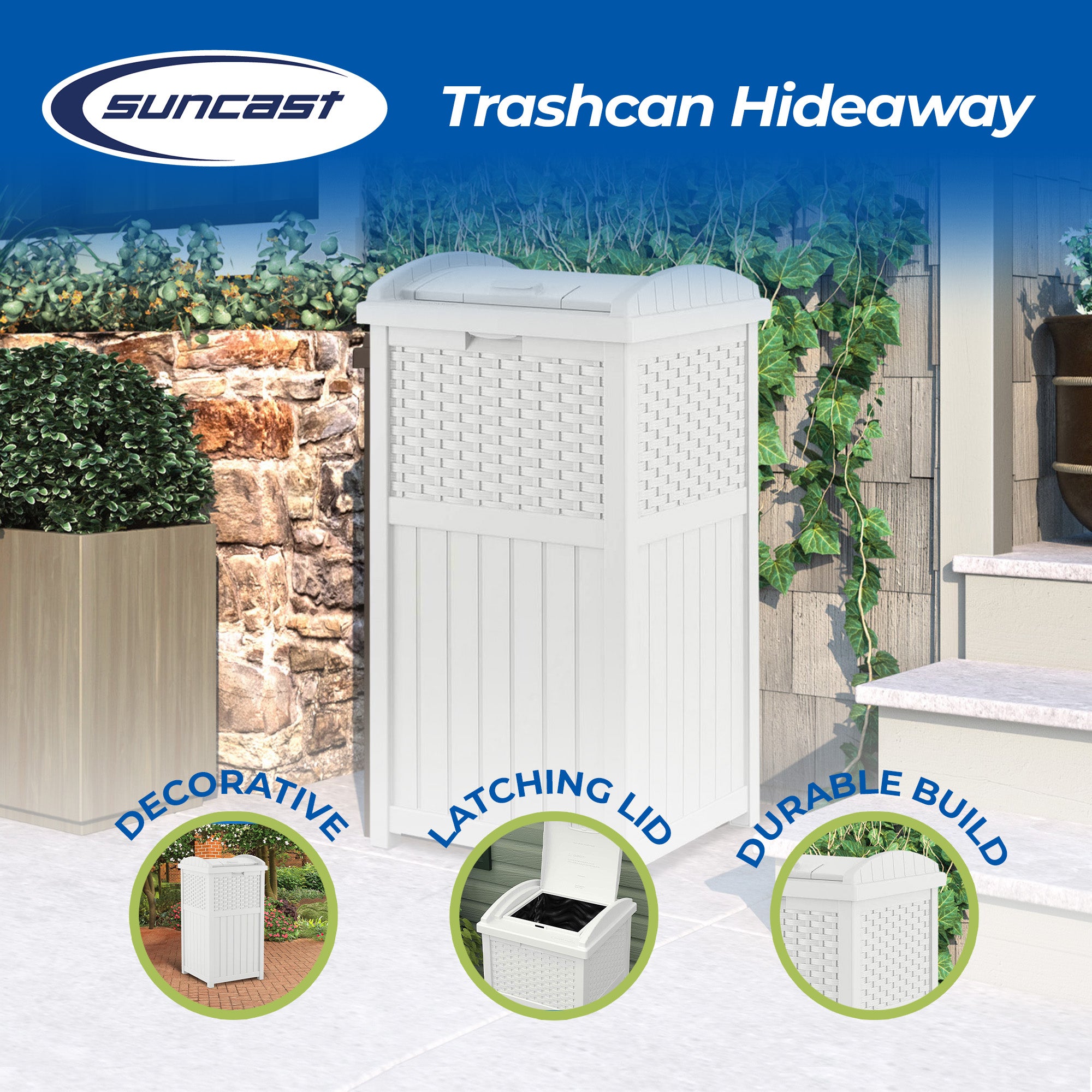 Suncast Wicker Resin Outdoor Hideaway Trash Can Bin with Latching Lid (2 Pack) - VMInnovations