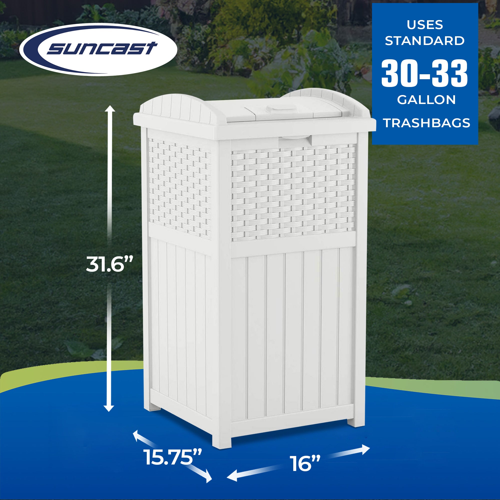 Suncast Wicker Resin Outdoor Hideaway Trash Can Bin with Latching Lid (2 Pack)
