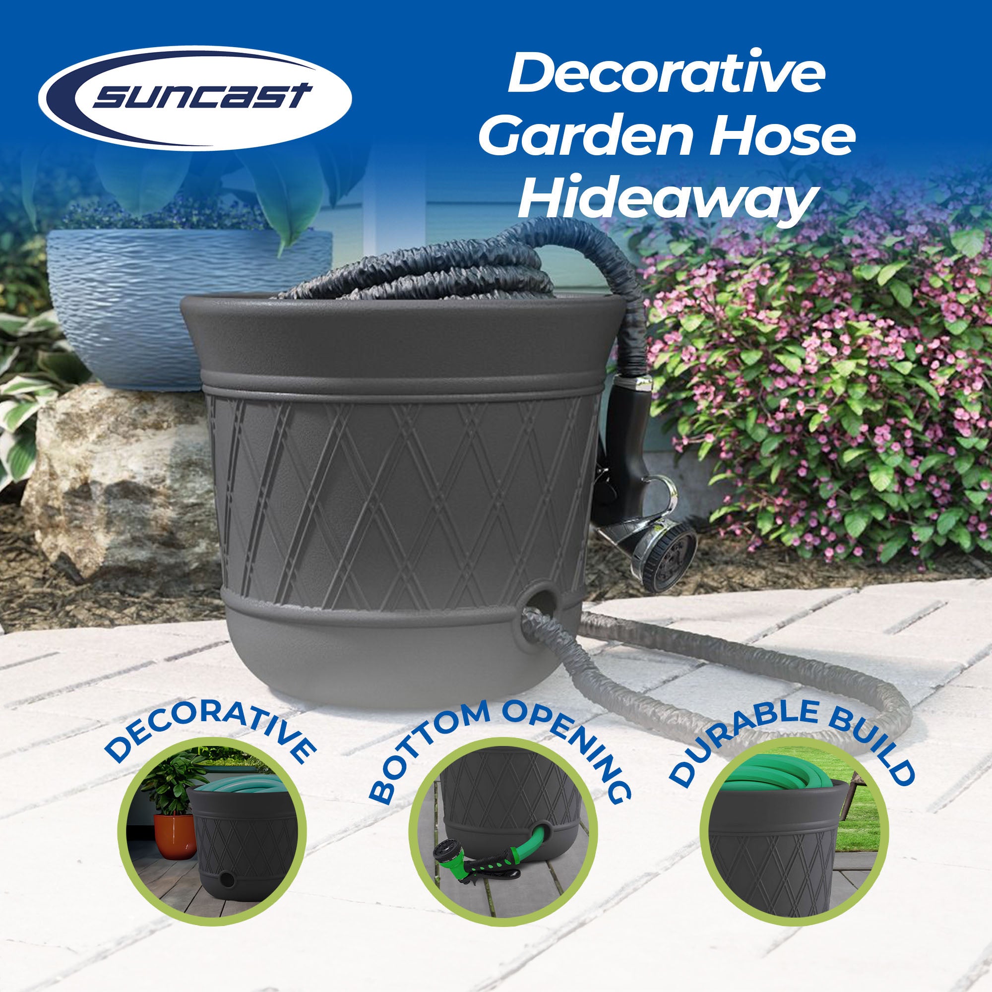 Suncast 14'' x 12" Decorative Hideaway Garden Hose Storage Pot, Gray (4 Pack) - VMInnovations