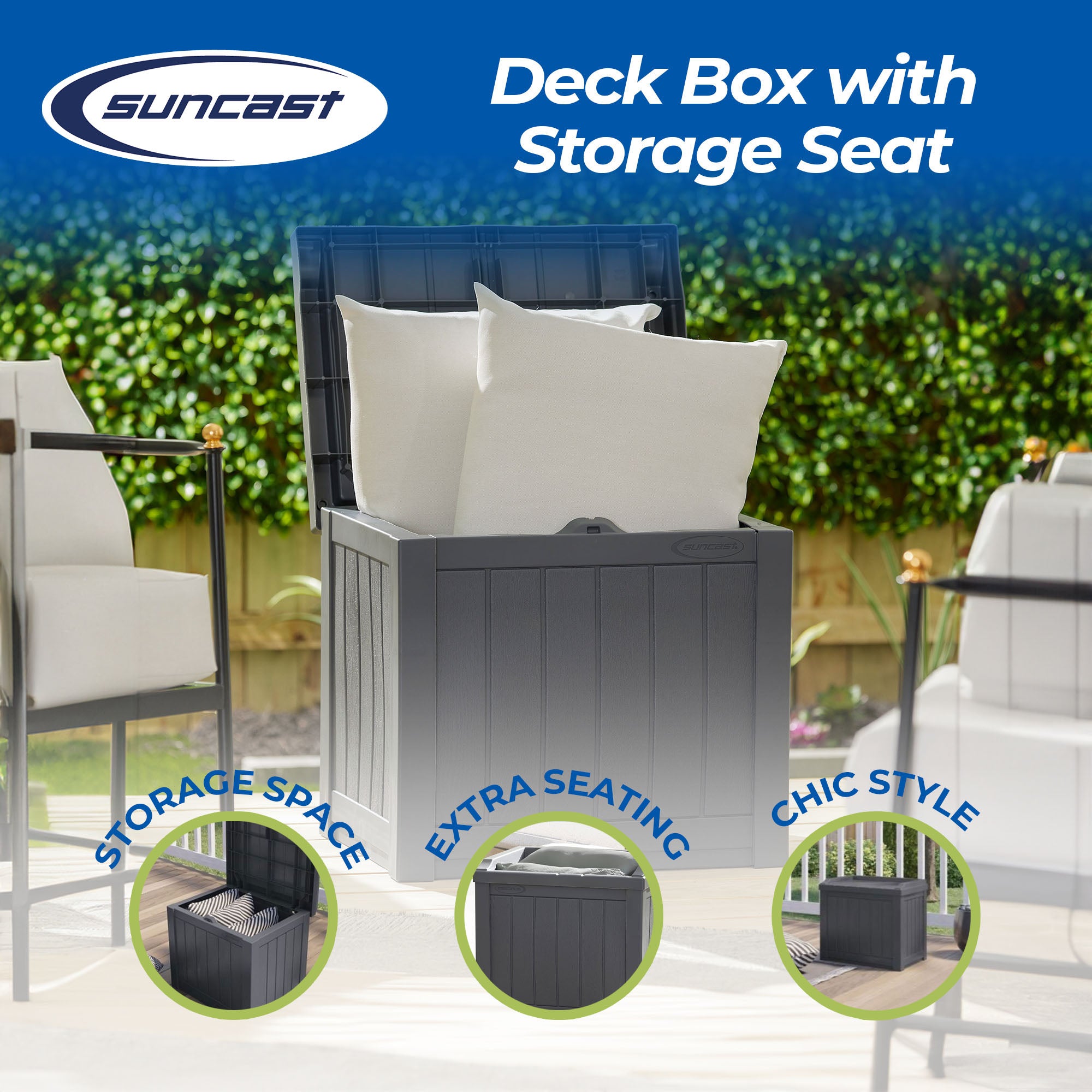 Suncast 22 Gallon Outdoor Small Deck Box & 30 Gallon Trash Waste Bin, Cyberspace - VMInnovations