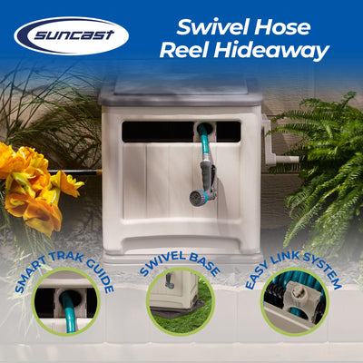 Suncast Swivel Smart Trak Hose Hideaway 225 Foot Hose Reel Storage Bin, Taupe - VMInnovations