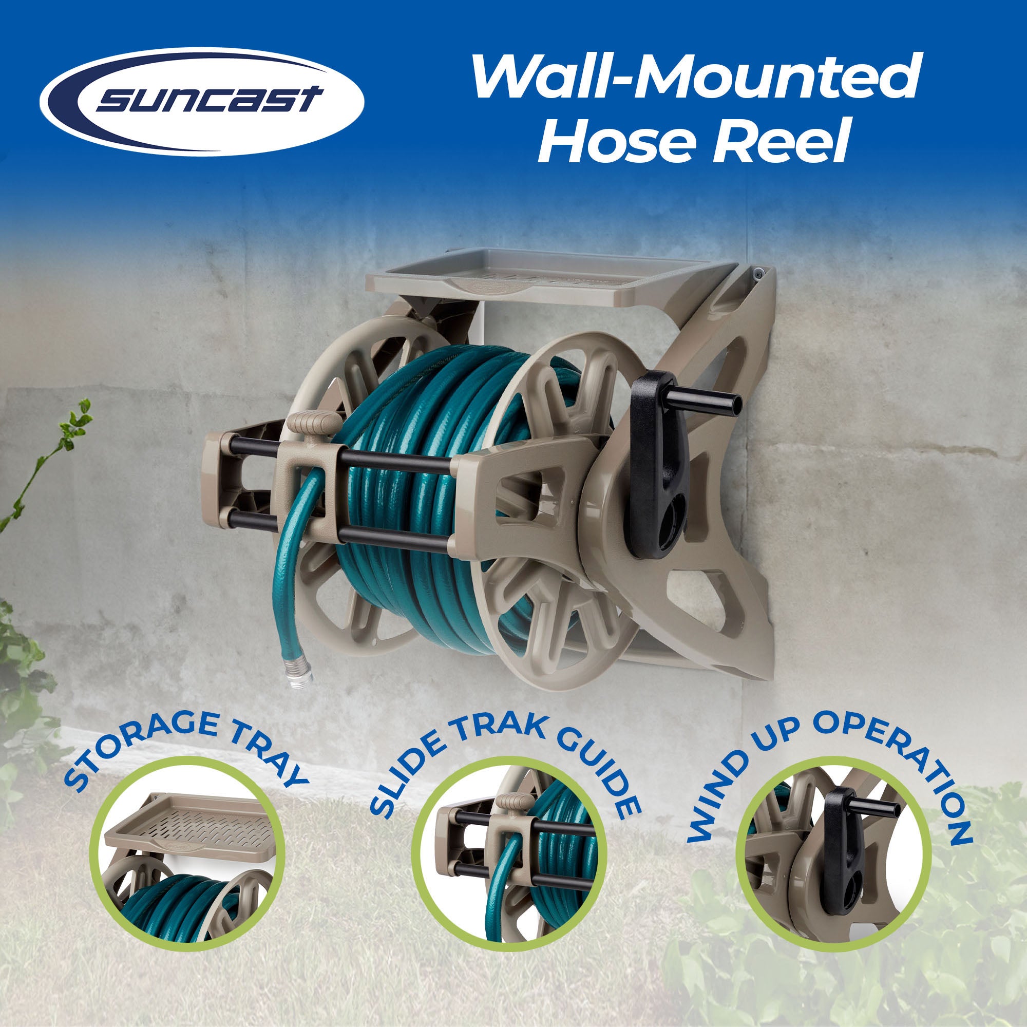 Suncast 175 Foot Slide Trak Garden Hose Wall Mounted Hose Reel, Java (Open Box)