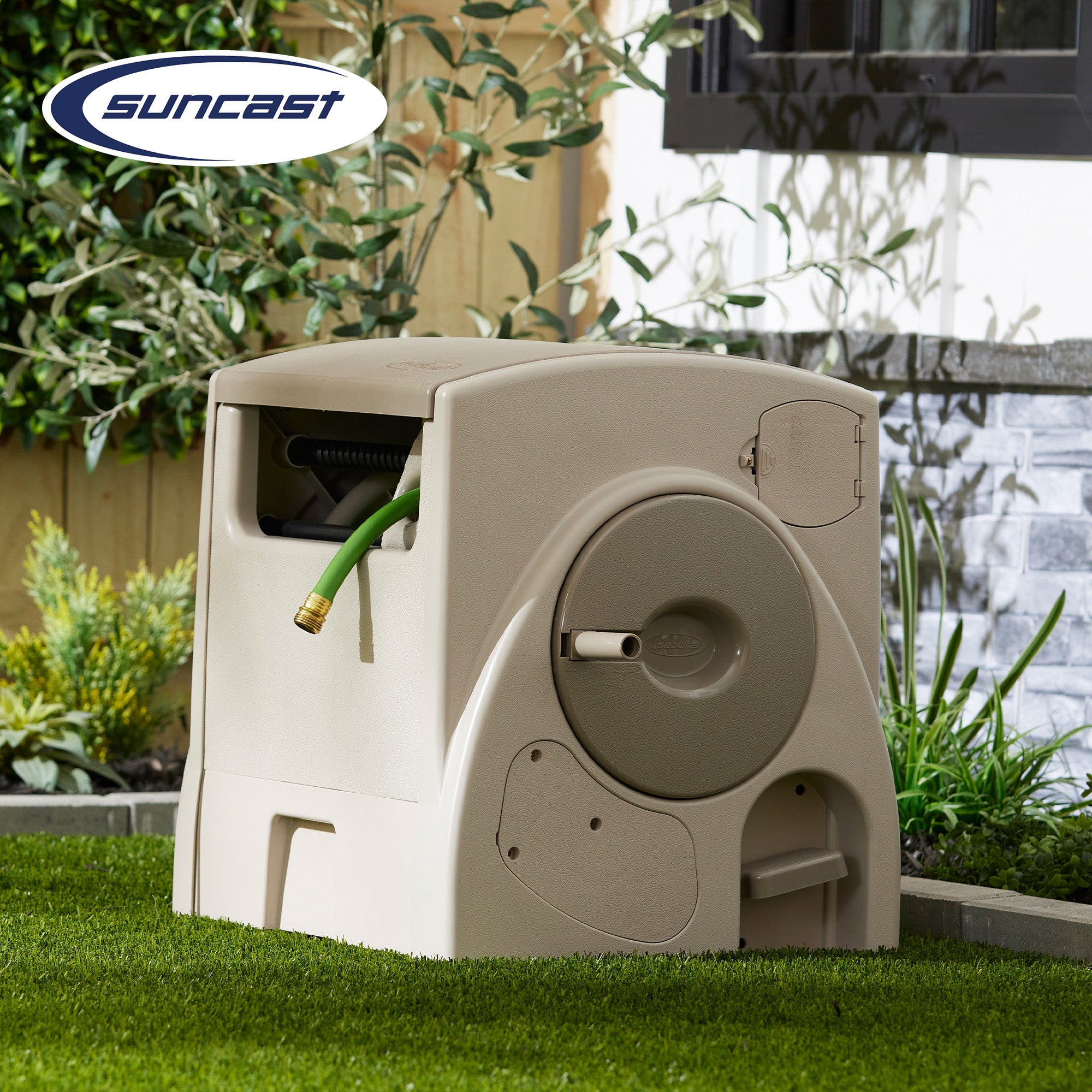Suncast 100-Ft. Powerwind Automatic Rewind Hose Reel, Light Taupe (2 Pack) - VMInnovations