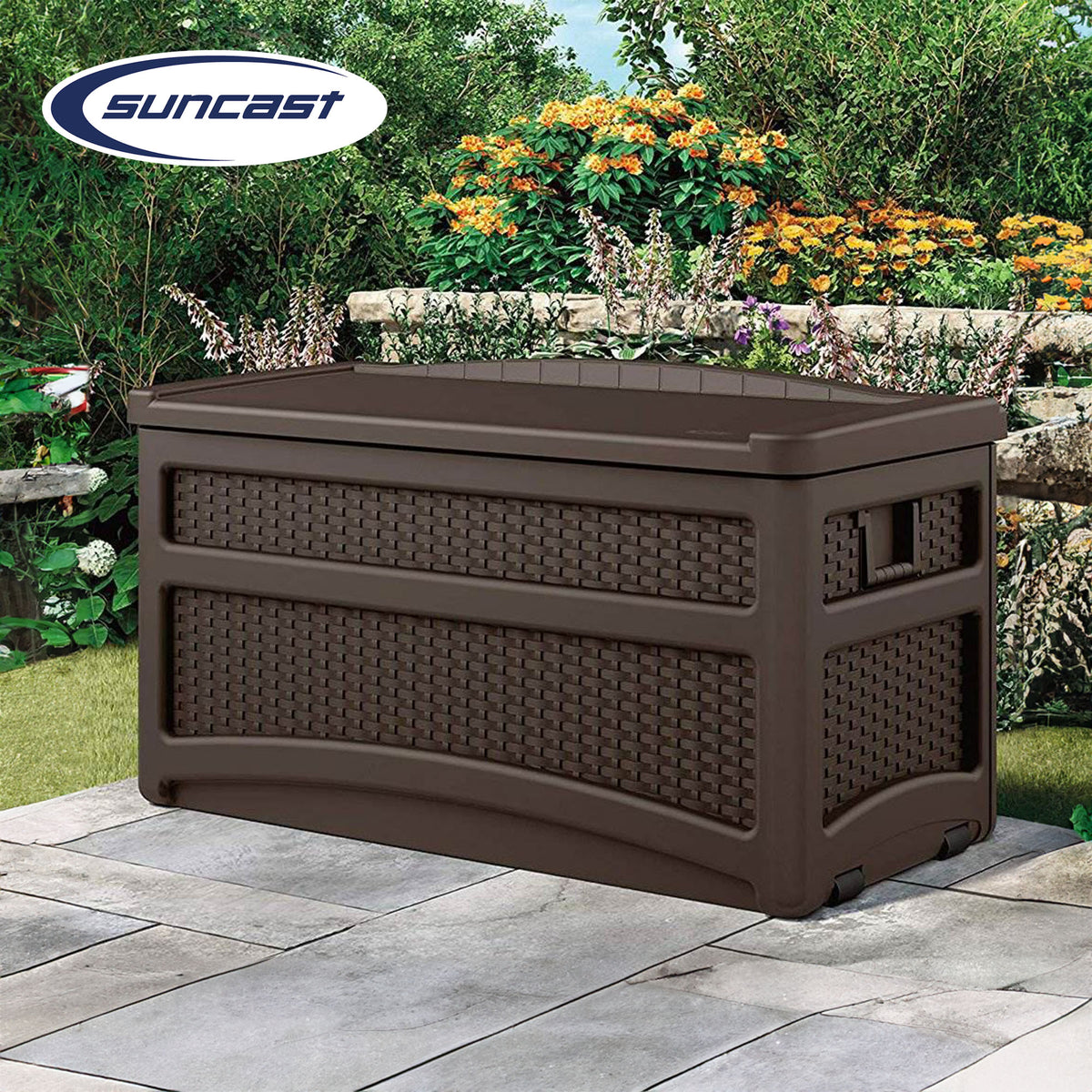 Suncast Outdoor 73 Gallon Garden Patio Storage Chest, Handles, Seat, Java (Used)
