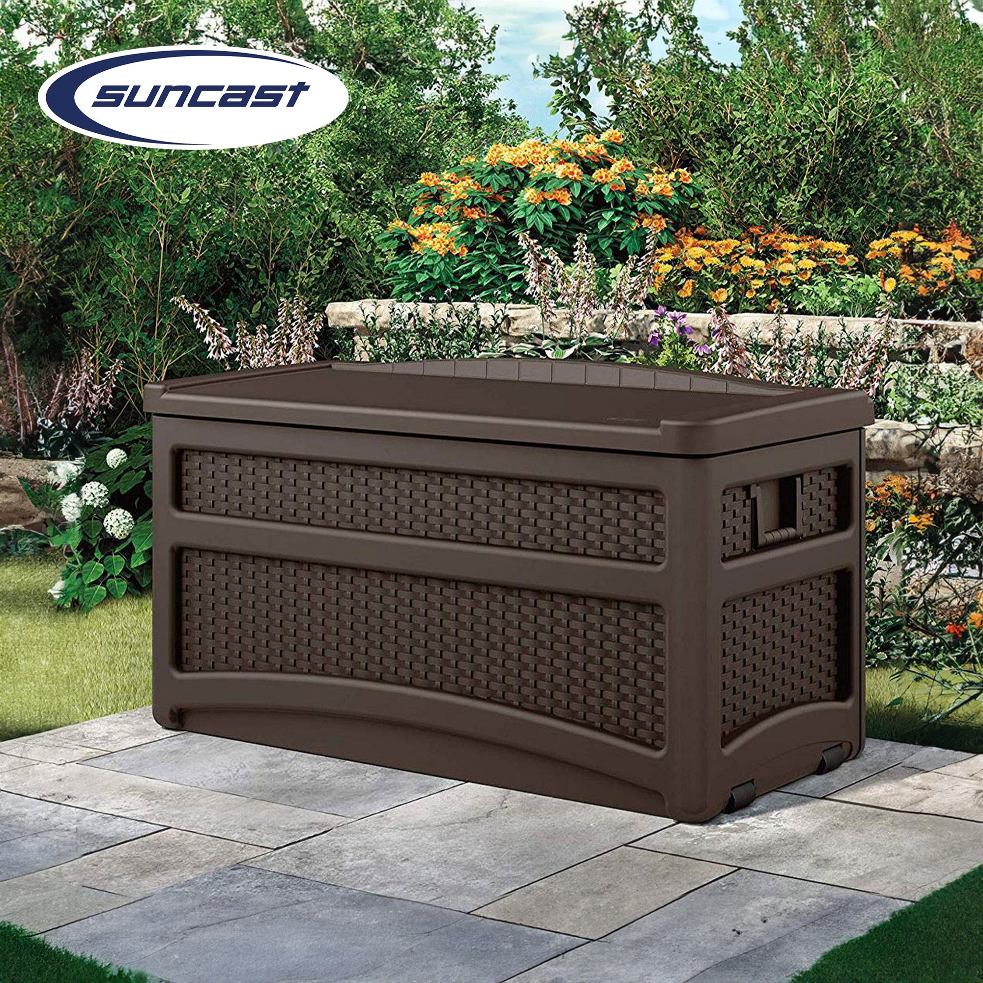 Suncast Outdoor 73 Gallon Patio Storage Chest with Handles and Seat, Java (2 Pk) - VMInnovations