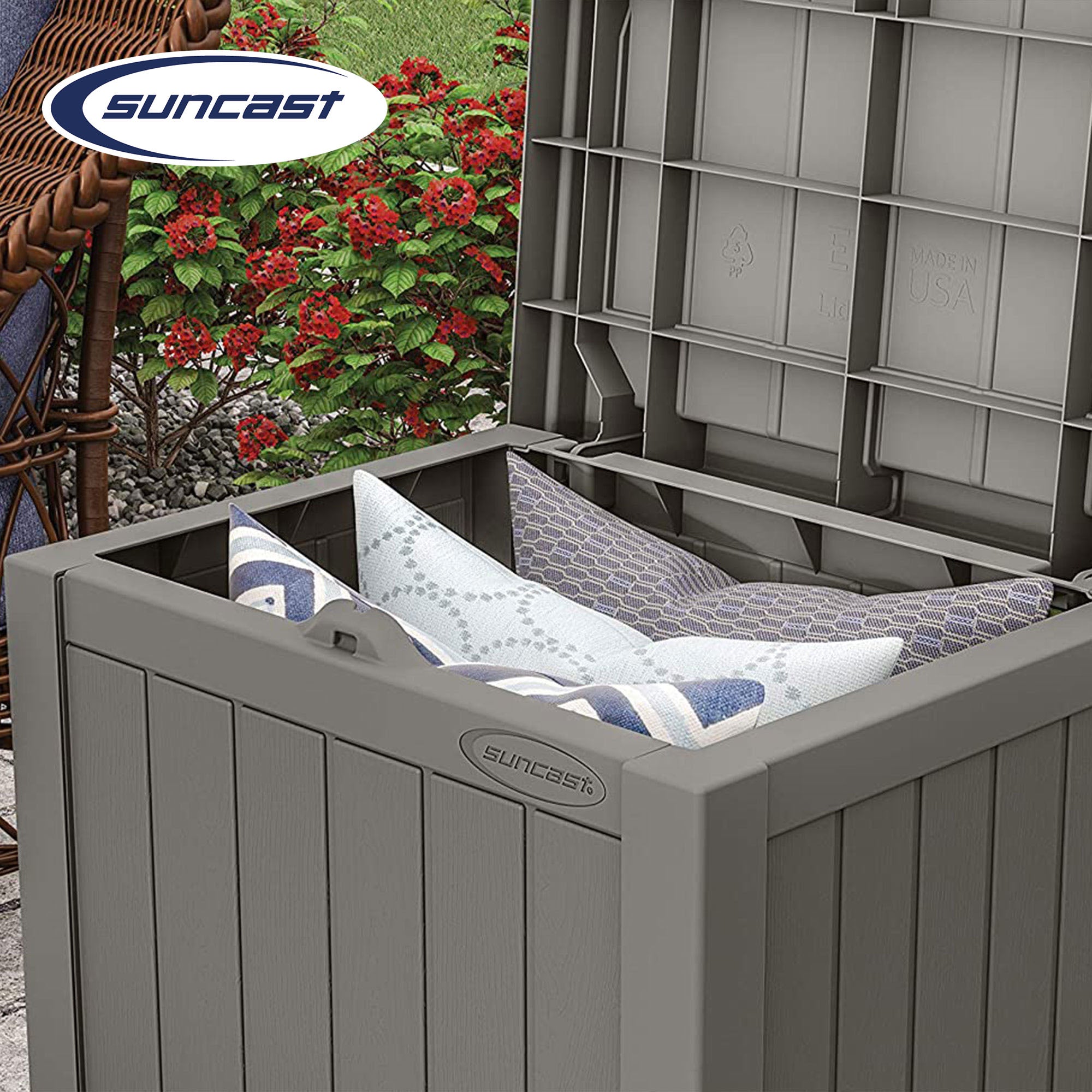 Suncast 22 Gallon Outdoor Patio Small Deck Box with Storage Seat, Stone (4 Pack) - VMInnovations