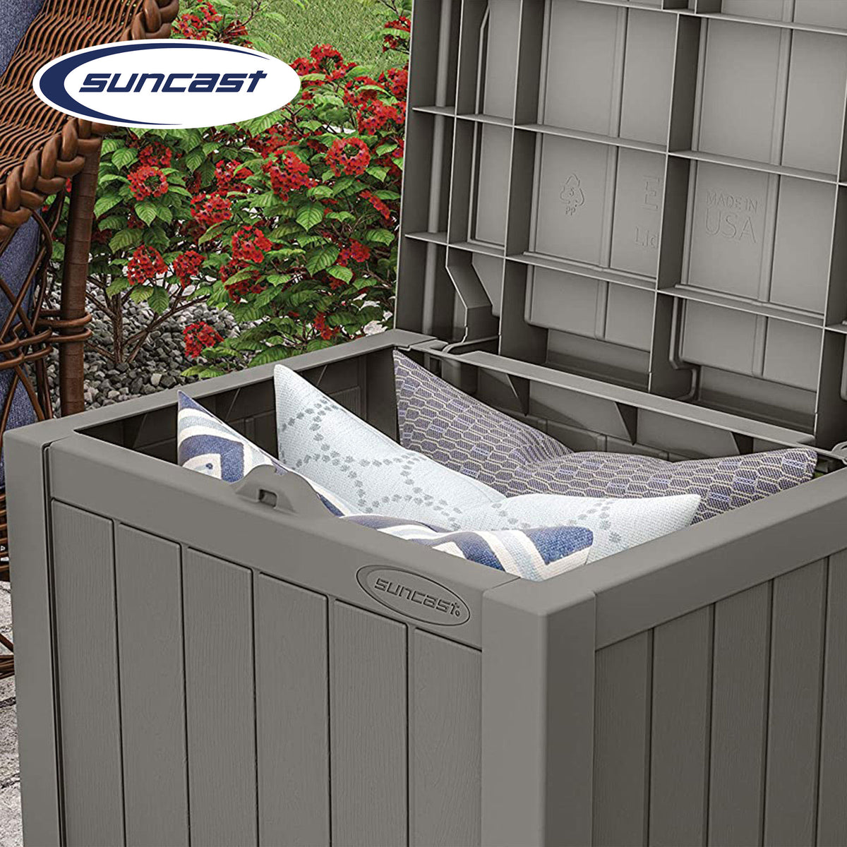 Suncast 22 Gallon Outdoor Patio Small Deck Box with Storage Seat, Stone (4 Pack) - VMInnovations