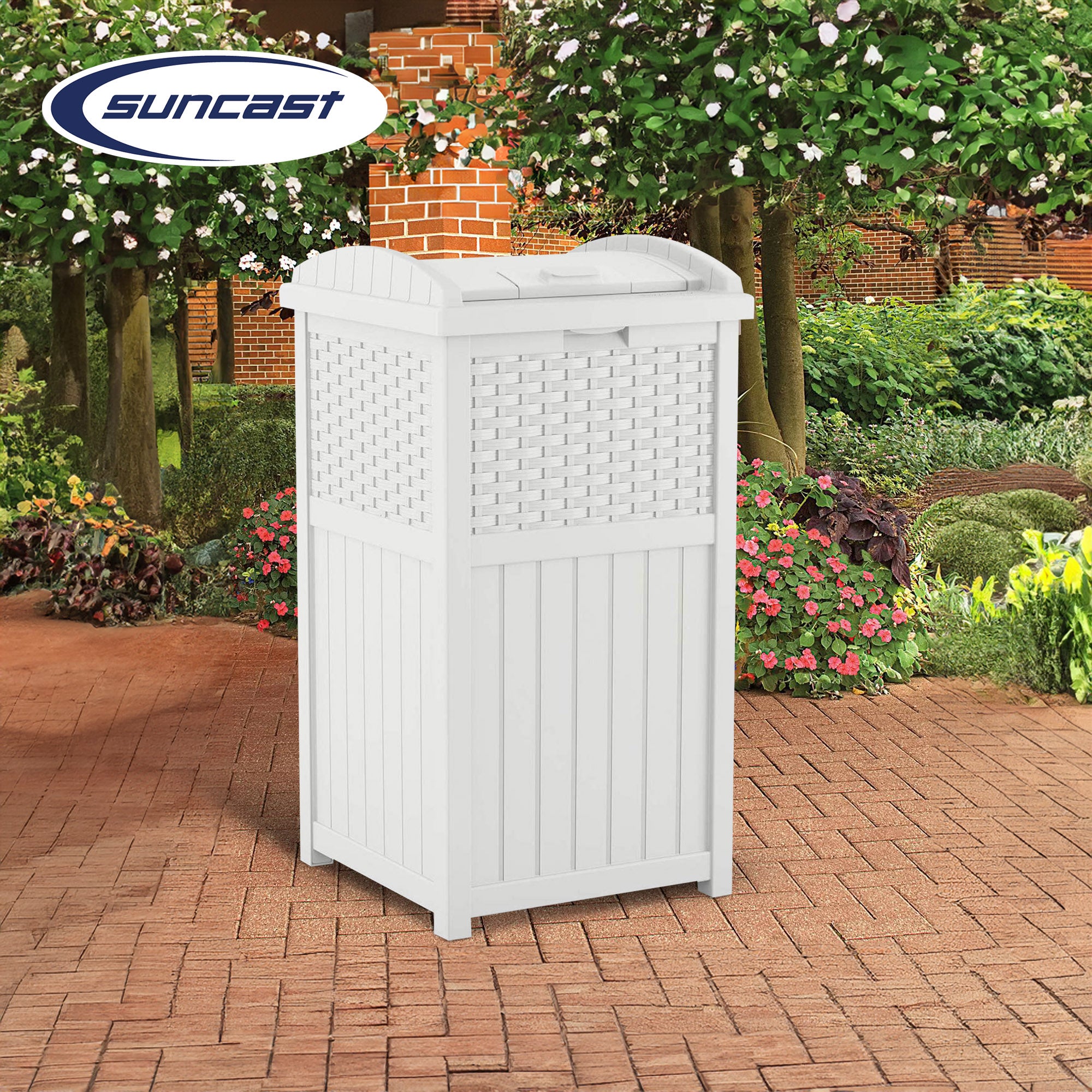 Suncast Wicker Resin Outdoor Hideaway Trash Can Bin with Latching Lid (2 Pack) - VMInnovations
