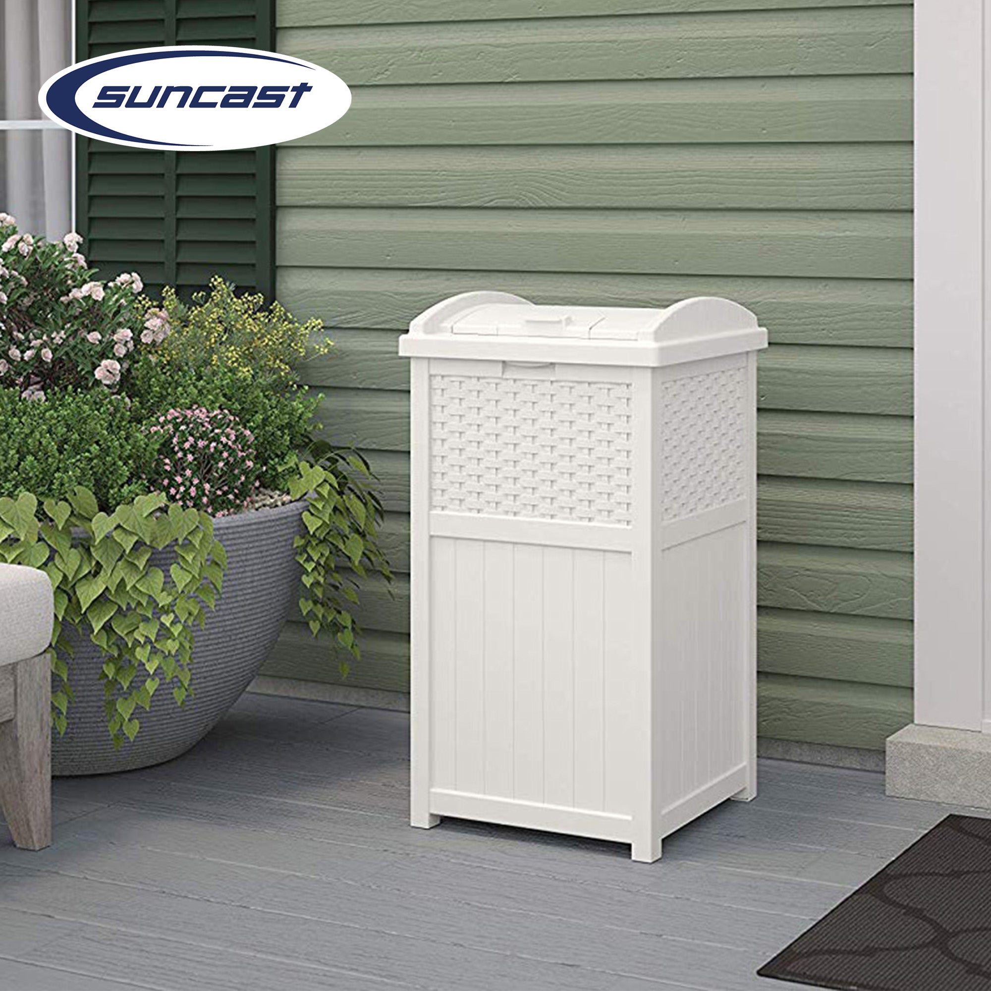 Suncast Wicker Resin Outdoor Hideaway Trash Can Bin with Latching Lid (2 Pack) - VMInnovations