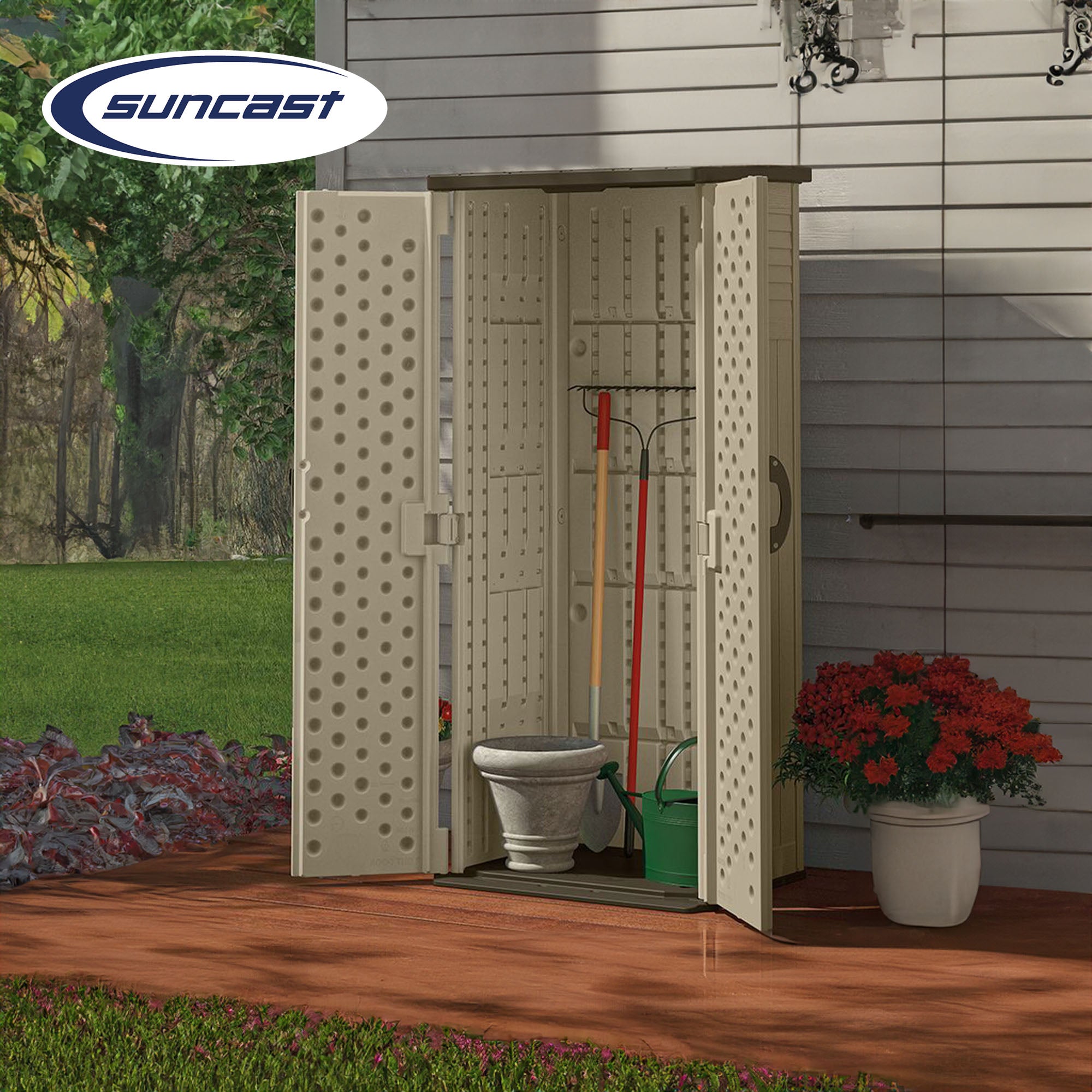 Suncast 22 Cubic Feet All-Weather Vertical Tall Outdoor Storage Shed, Brown - VMInnovations