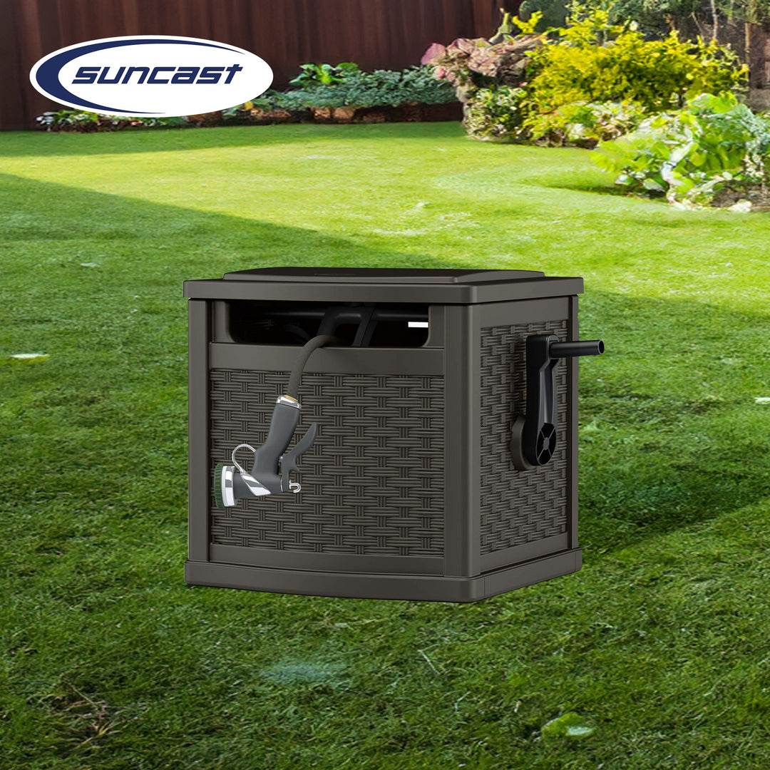 Suncast 150 Foot Slide Trak Outdoor Garden Water Hose Hideaway for Patio, Java - VMInnovations
