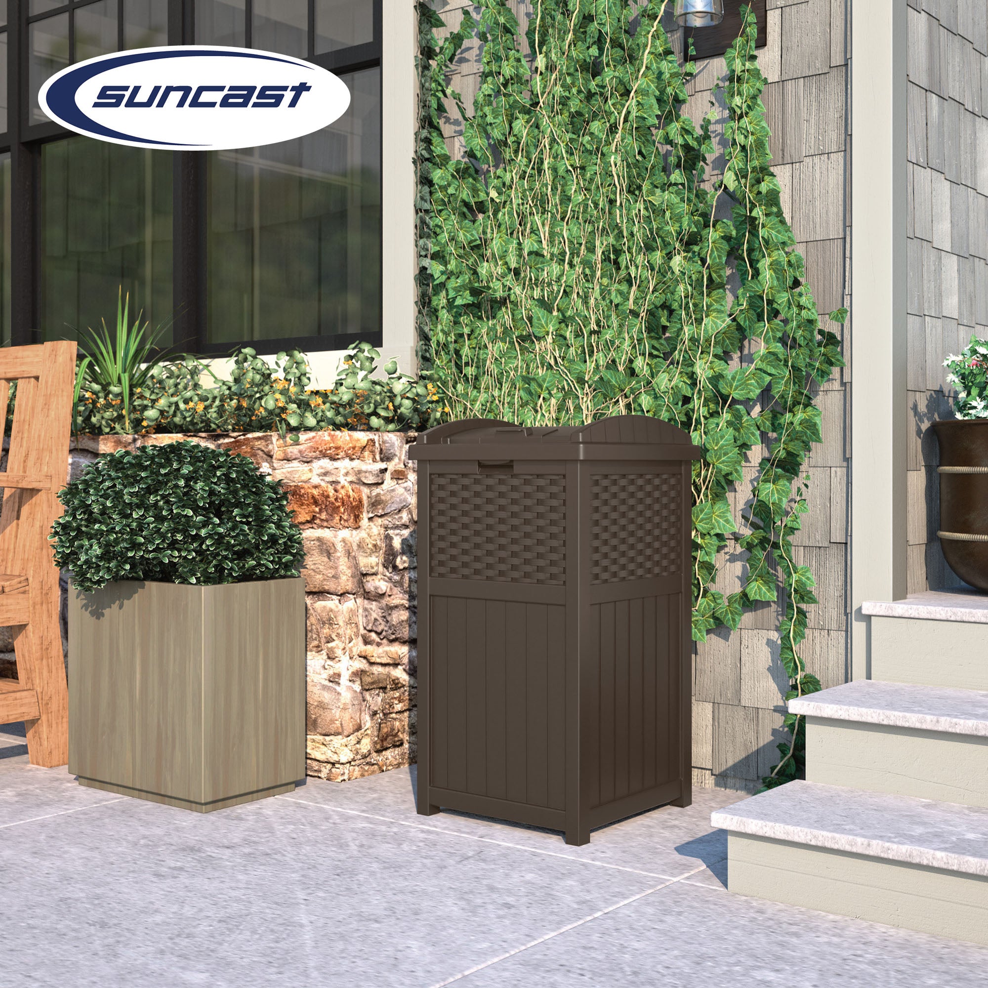 Suncast GHW1732 Home Outdoor Patio Resin Wicker Trash Can Hideaway - (Open Box)