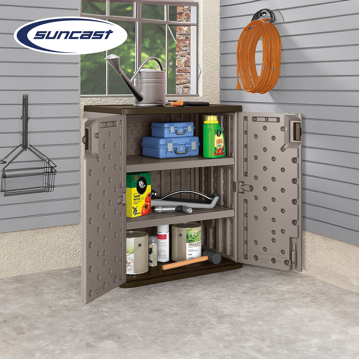 Suncast 9 Cu Ft Heavy Duty Resin Garage Base Storage Cabinet, Platinum (Used)