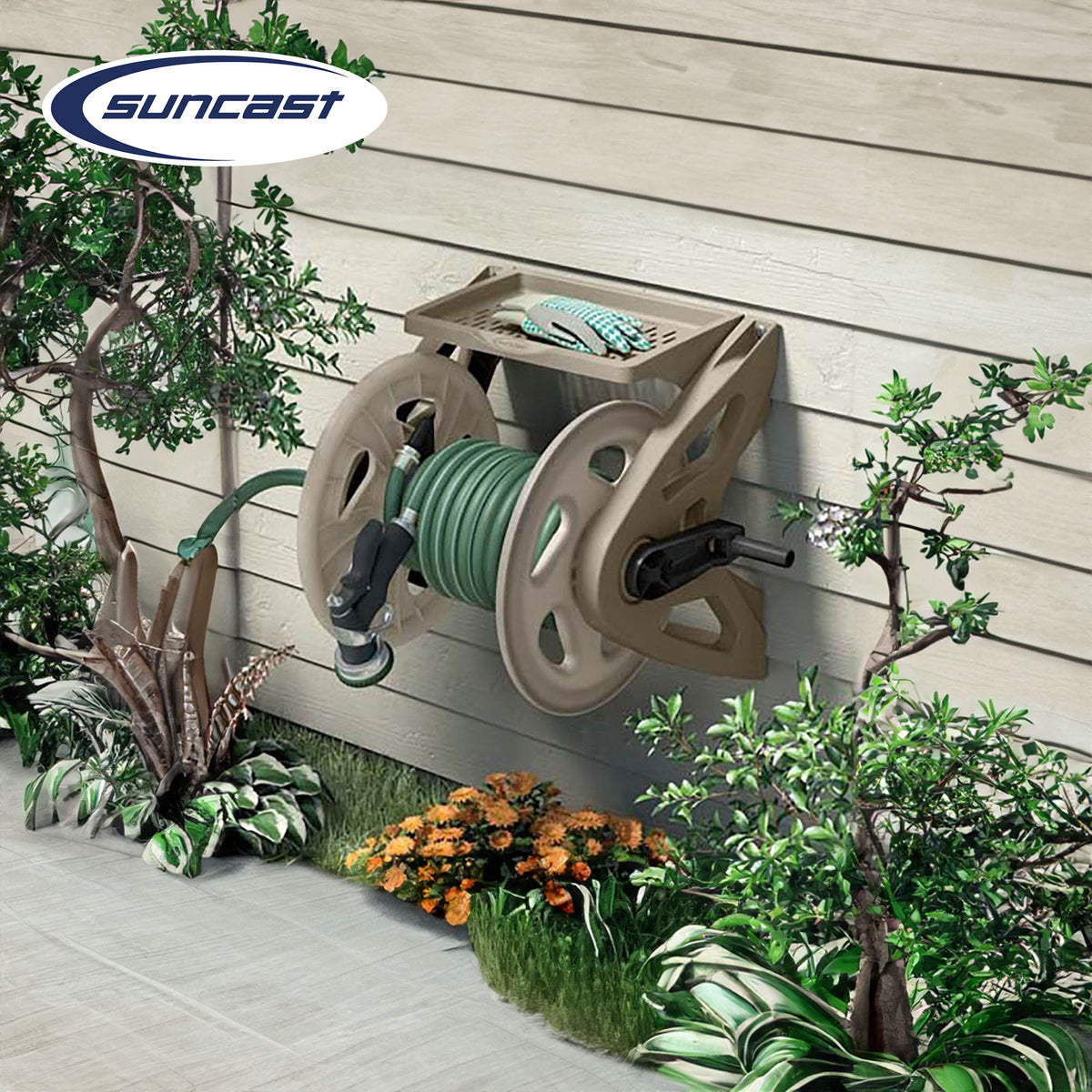 Suncast Handler 200 Foot Resin Wall Mounted Outdoor Garden Hose Reel, Taupe (For Parts)
