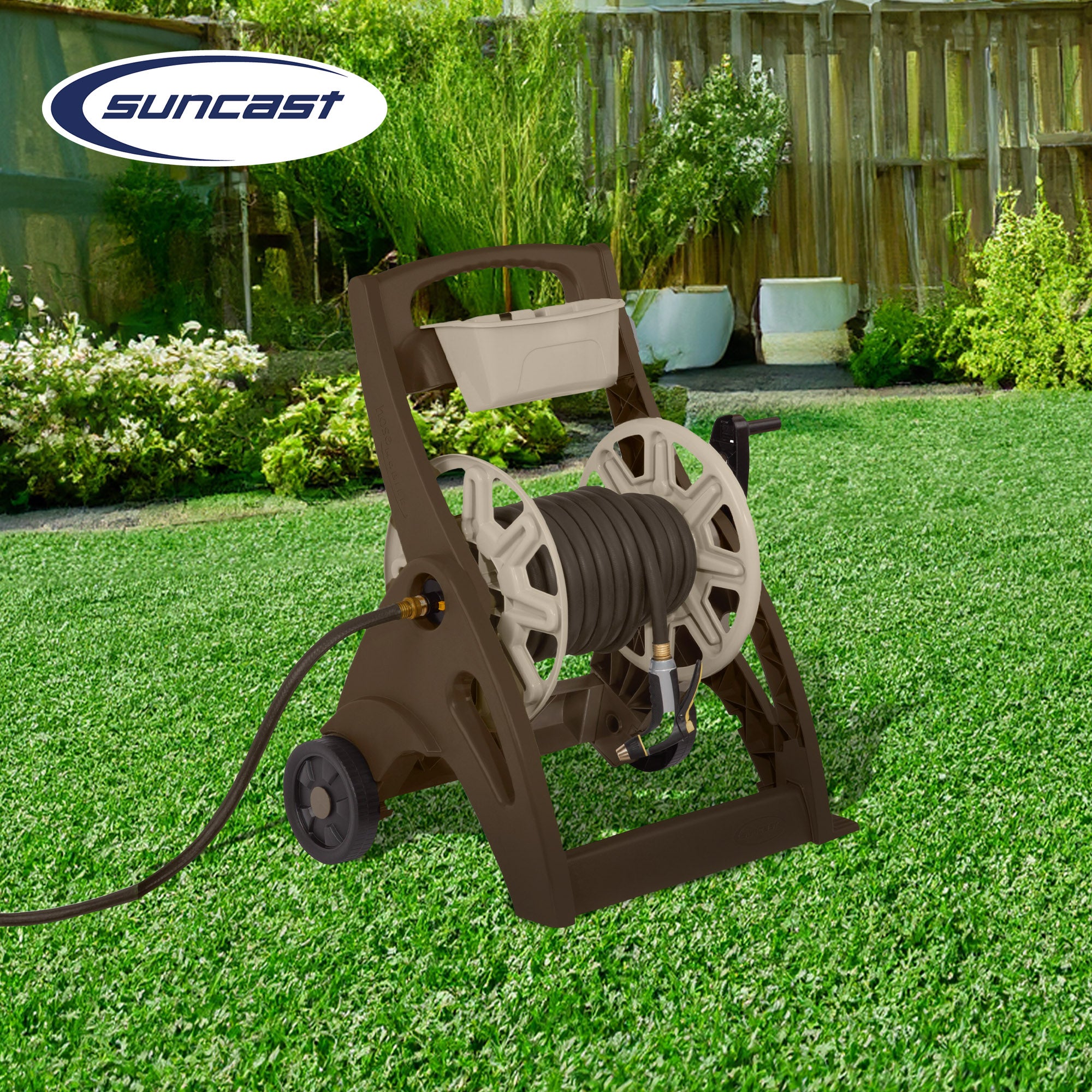 Suncast 225 Foot Capacity Durable Hosemobile Pro Garden Hose Reel Cart, Mocha