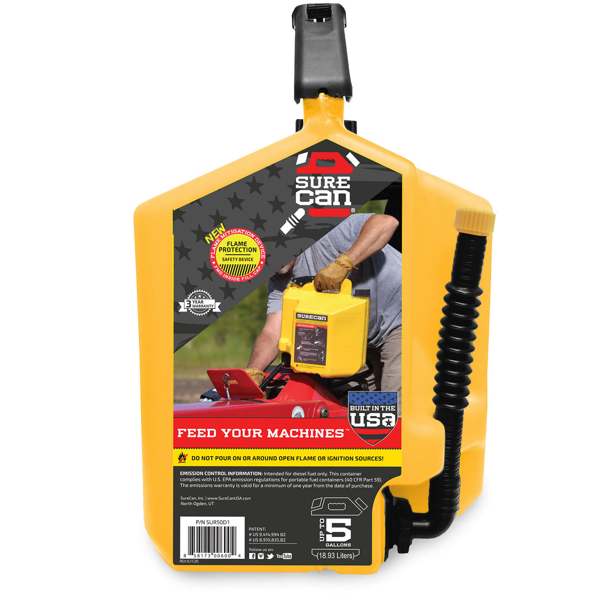 SureCan 5 Gallon Controlled Flow Gas Fuel Can w/Rotating Nozzle, Yellow (4 Pack)