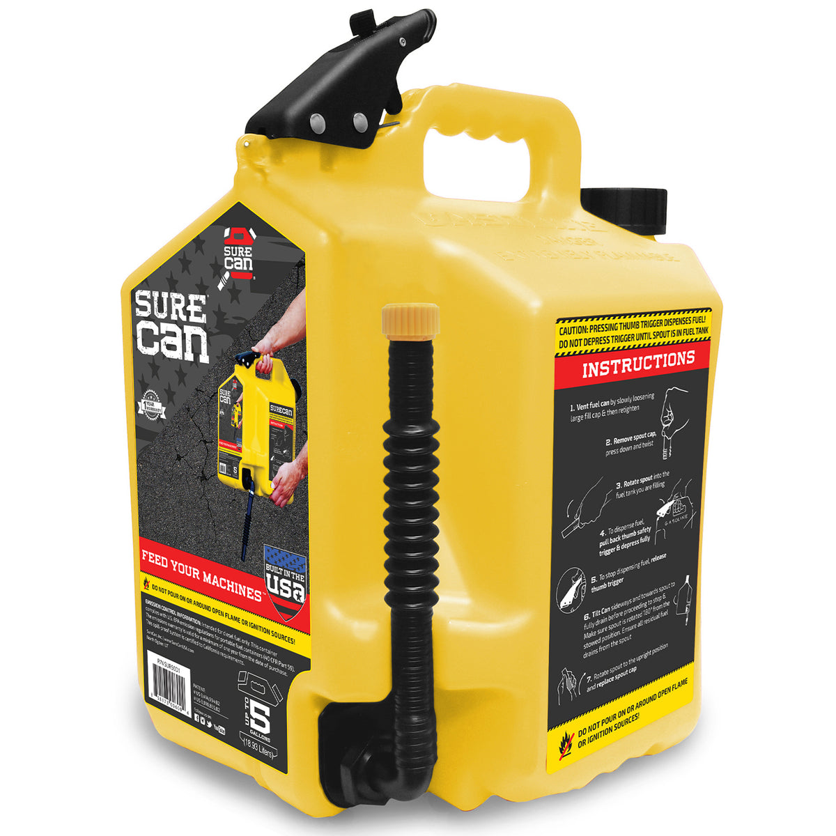 SureCan 5 Gallon Controlled Flow Gas Fuel Can w/Rotating Nozzle, Yellow (4 Pack)
