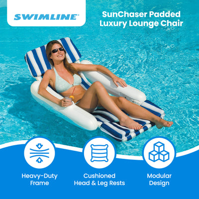 Swimline SunChaser Padded Floating Luxury Pool Lounge Sling Chair, Blue/White