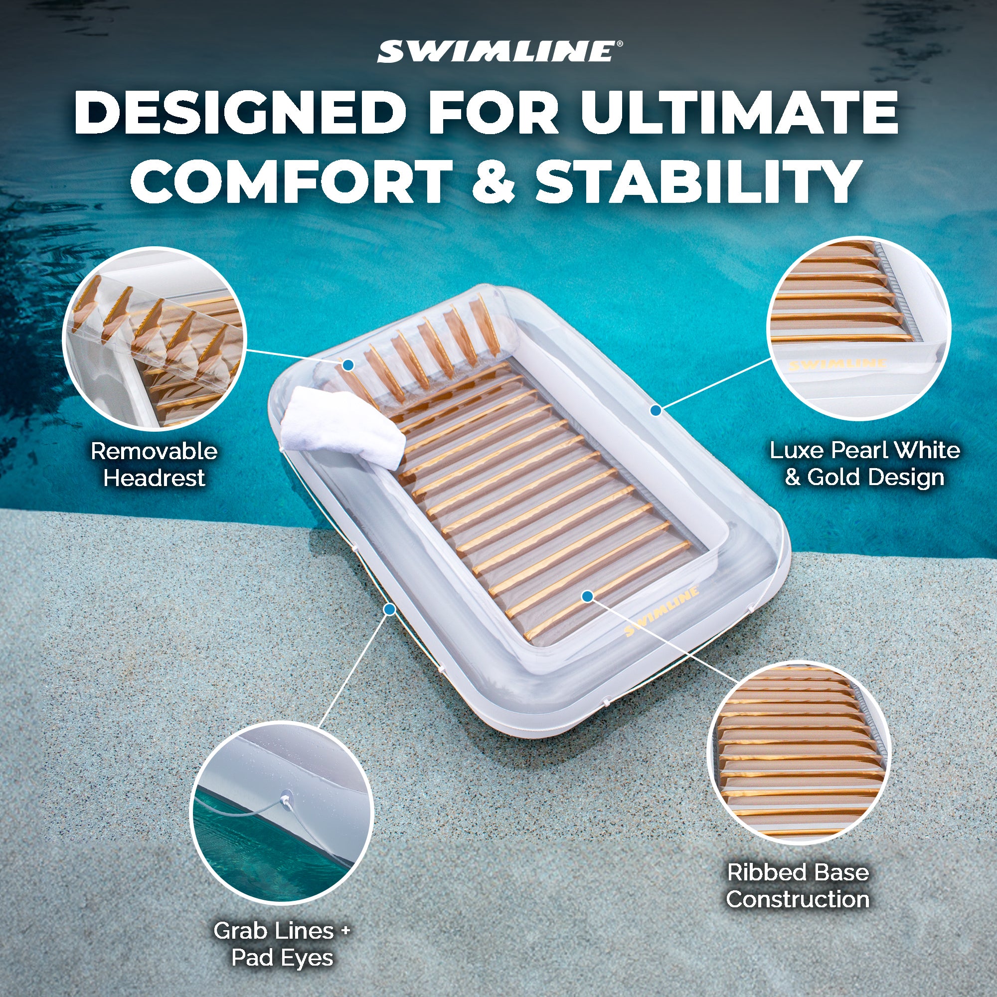 Swimline Luxe Edition Inflatable Suntan Tub Floating Pool Lounger, White & Gold - VMInnovations