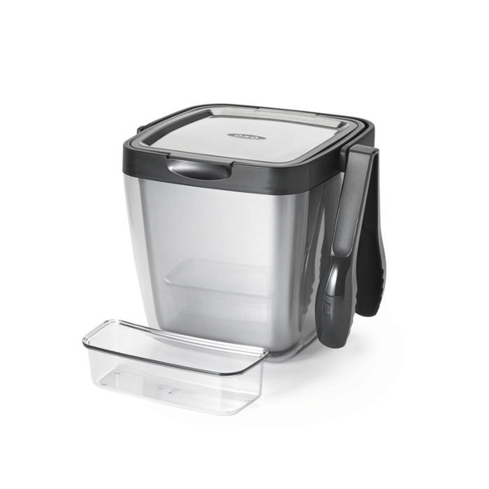 OXO Good Grips 3 Piece Plastic Insulated Ice Bucket Bin w/ Clear Lid & Tong Set