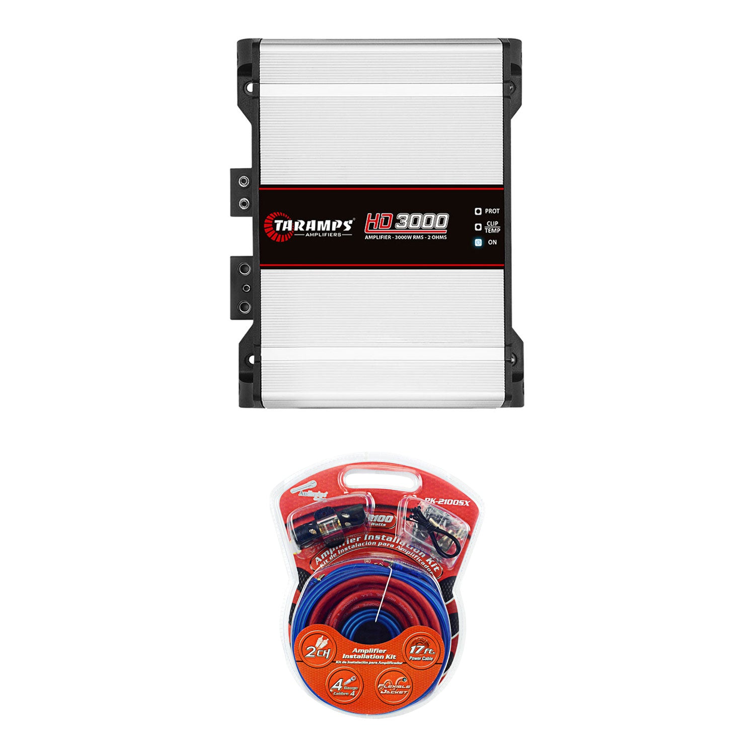 Taramps HD 3000 Watt RMS 2 Ohm Monoblock Amplifier and Audiopipe Amp Install Kit