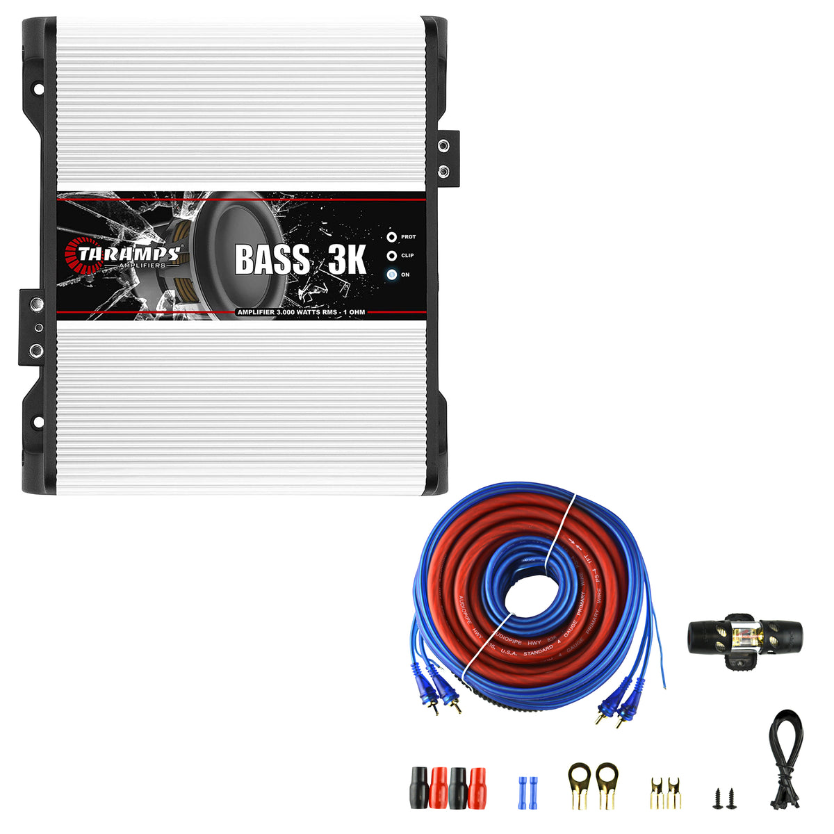 Taramps 3000 Watt Auto Mono Amplifier Bundle with Audiopipe Installation Kit