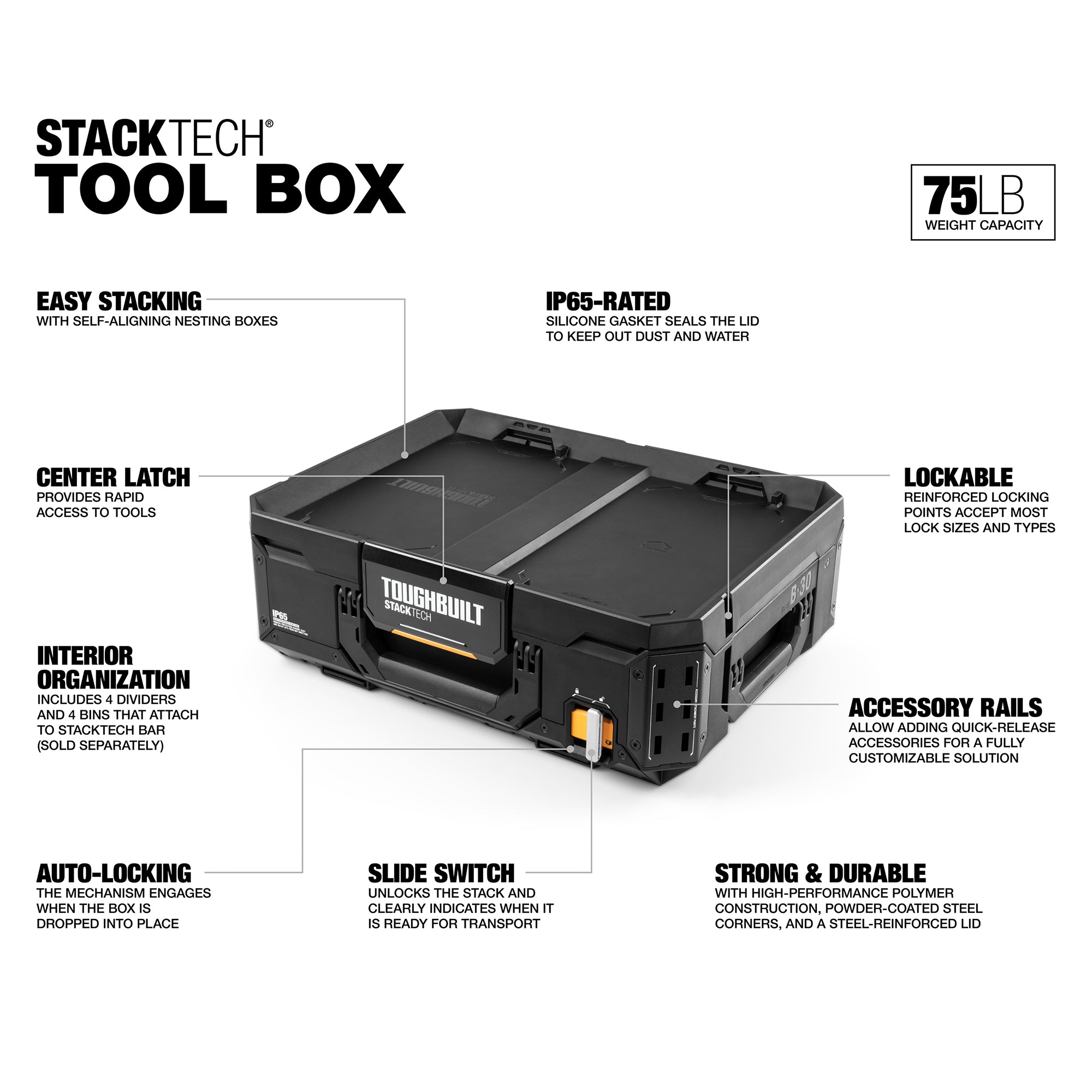 ToughBuilt StackTech Lockable Tool Box, Durable Plastic Storage Organizer, Black - VMInnovations