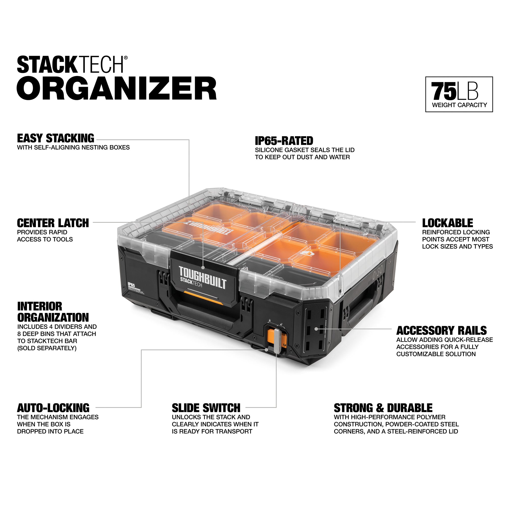 ToughBuilt Heavy Duty Storage Organizer Portable Tool Box Case, StackTech, Black - VMInnovations