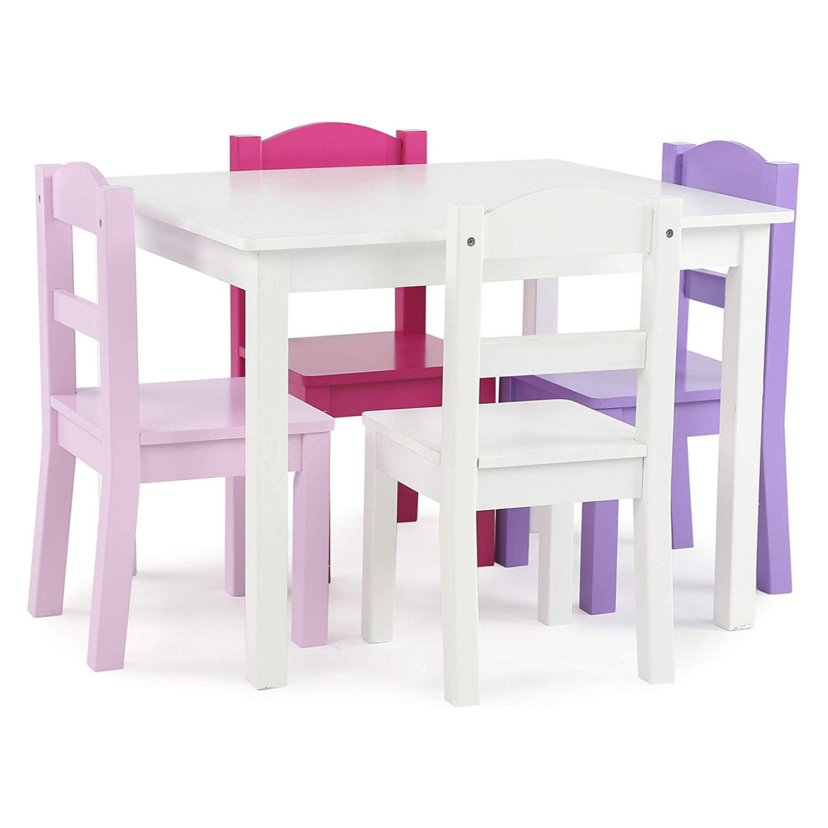 Tot Tutors Friends Collection Kids Wood Table & 4 Chair Set, White/Pink & Purple