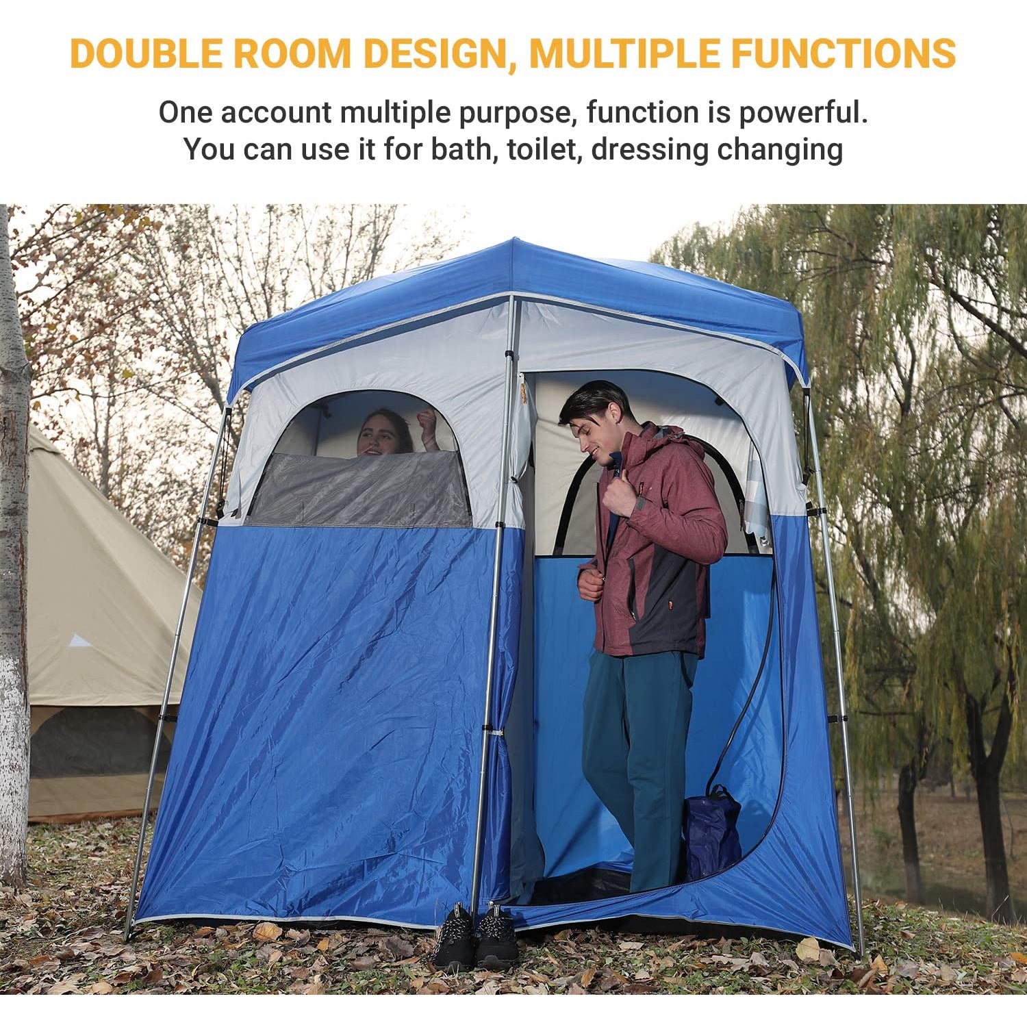 KingCamp Camping Shower and Changing Privacy Tent with Two Rooms, Blue and Gray