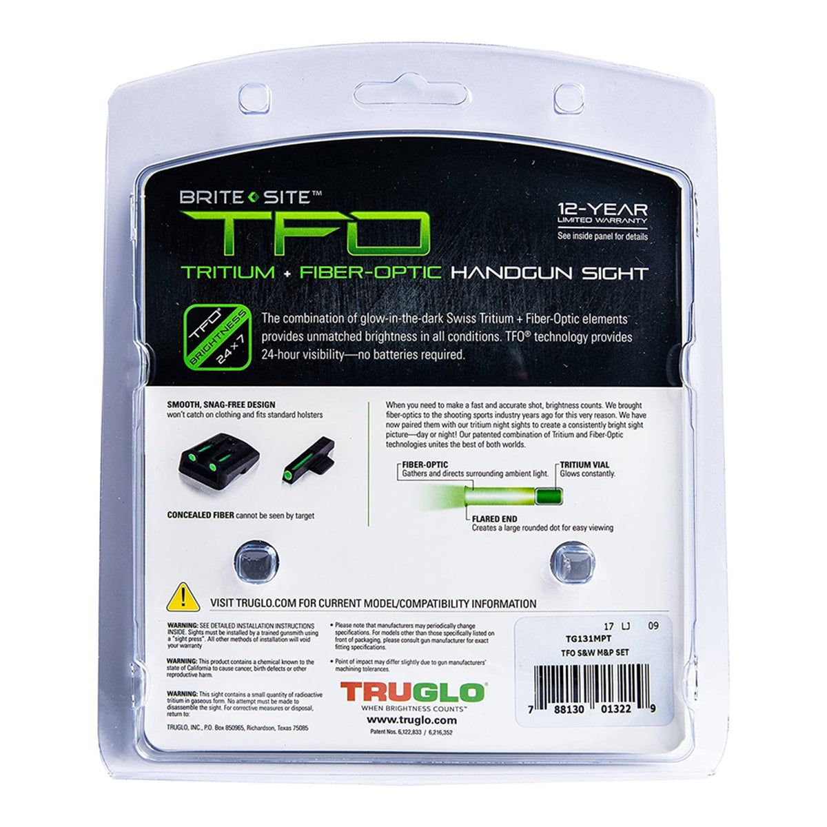 TruGlo TFO Handgun Pistol Sight, Fits S&W M&P, SD9, and SD40, Green (Open Box)