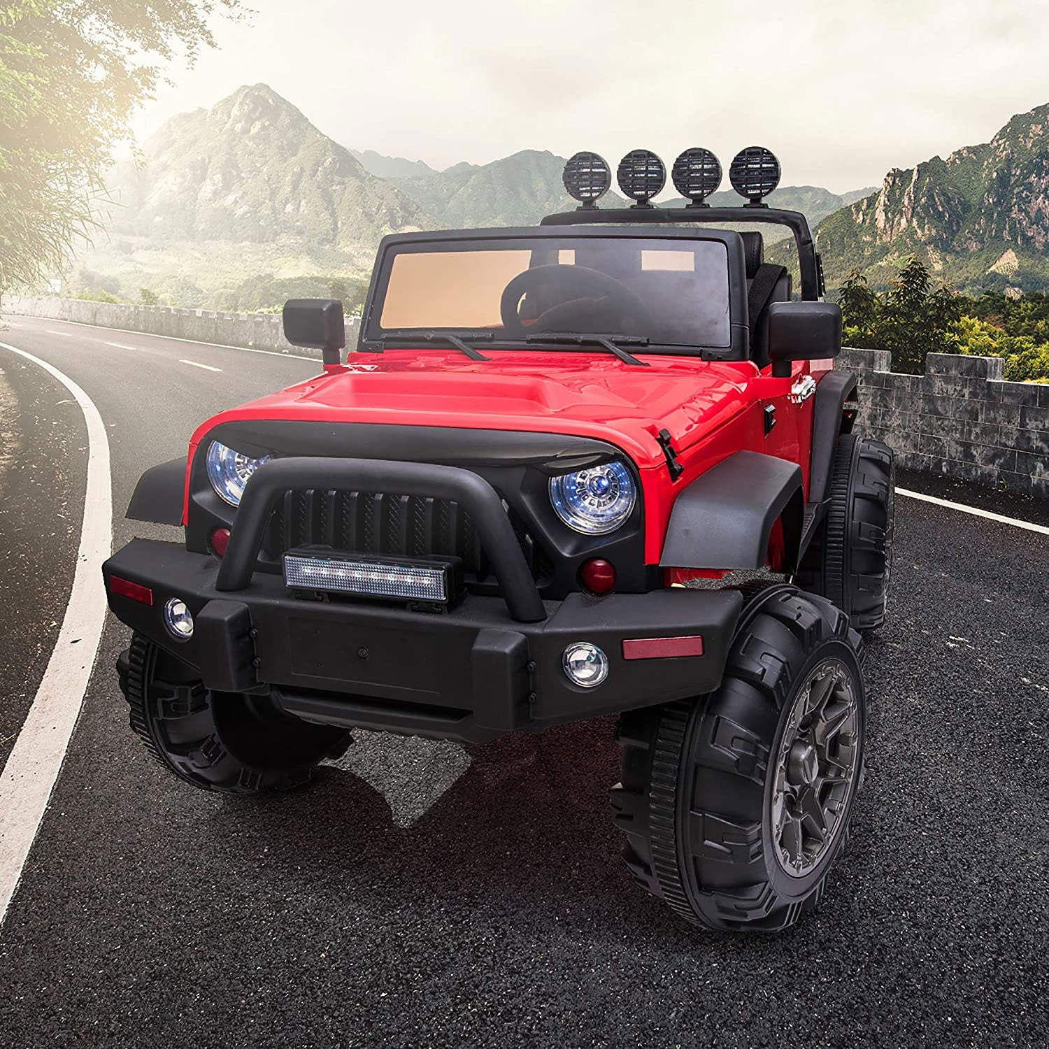 TOBBI 12V Kids Electric Battery Powered 2 Speed Jeep Wrangler Ride On Toy, Red - VMInnovations