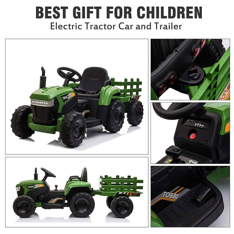 TOBBI 12V Battery Toy Tractor with Pull Behind Trailer, Dark Green (Open Box)