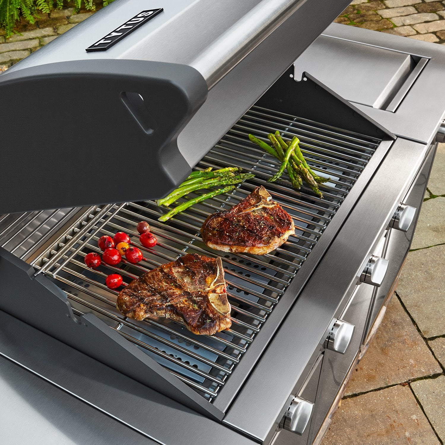 TYTUS Ash Stacked Stone Liquid Propane 4 Burner Stainless Steel Grill Island - VMInnovations