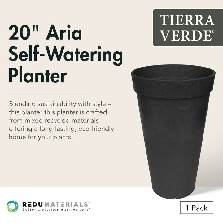 Tierra Verde Aria Indoor Outdoor Self Watering Planter, 12.5"W x 20"H, Black - VMInnovations