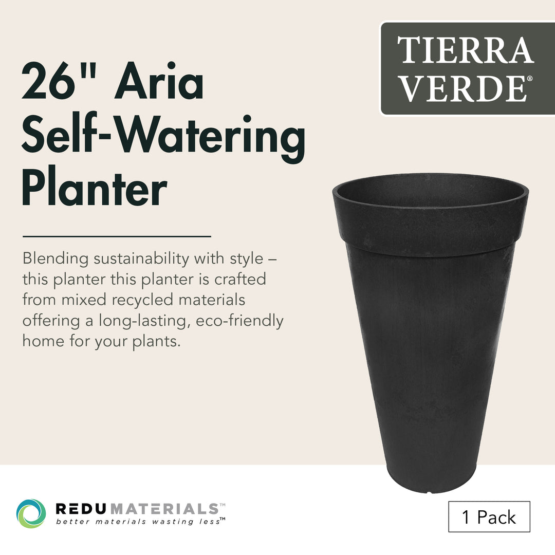 Tierra Verde Aria Indoor Outdoor Self Watering Tall Planter, 15"W x 26"H, Black - VMInnovations