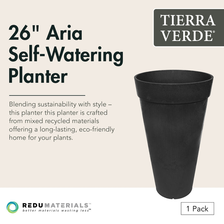 Tierra Verde Aria Indoor Outdoor Self Watering Tall Planter, 15"W x 26"H, Black - VMInnovations